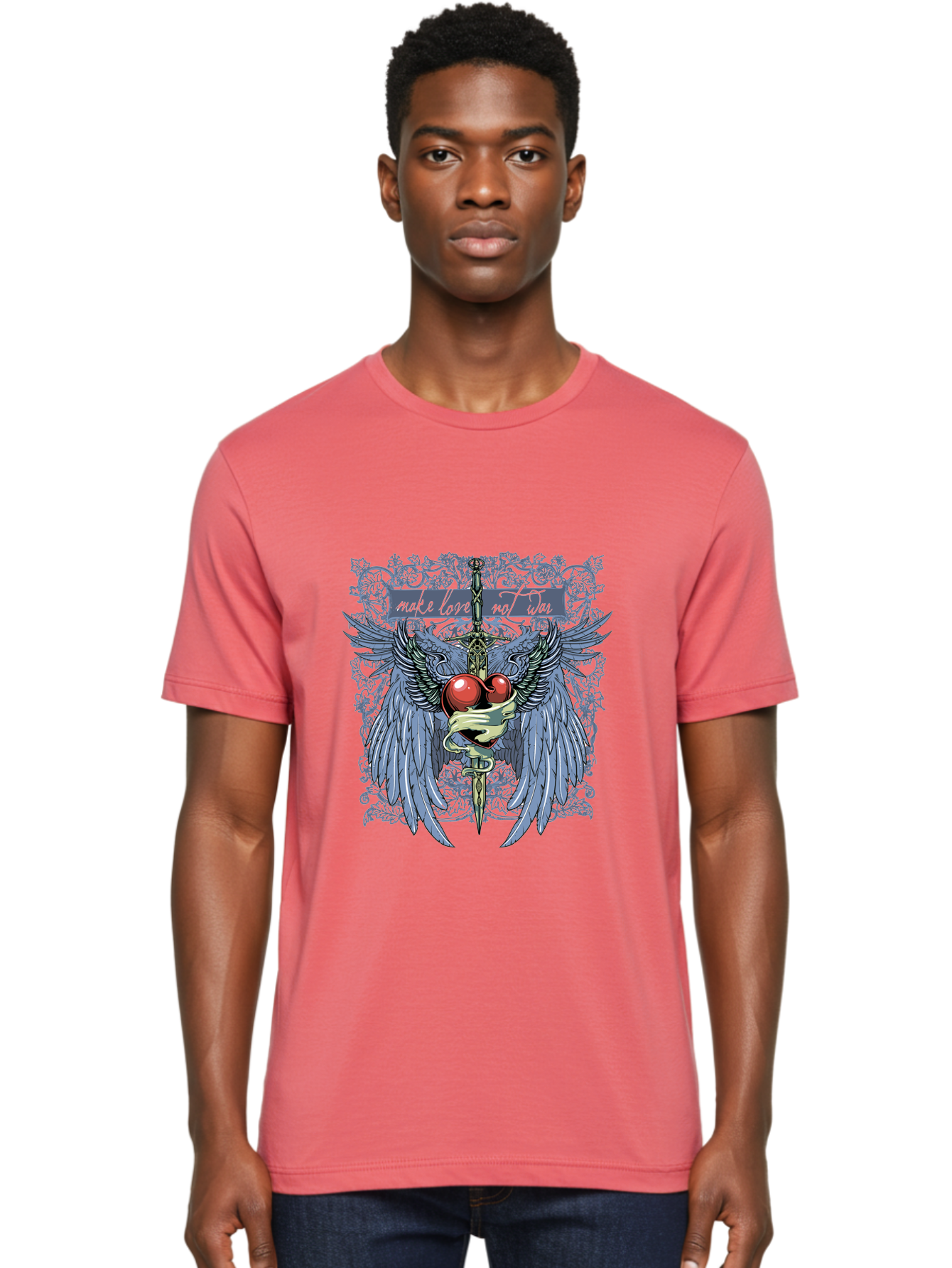 Make Love Not War Men'S Graphic Tee, 100% Cotton, Comfortable Casual Summer Wear, Machine Washable, Dagger, Two Hearts, Wings, Snake Wrapped, Symbolic Imagery, Mystical Artwork, Love, Evil, Heartbreak, Emotional Symbolism, Gothic Art Aae488