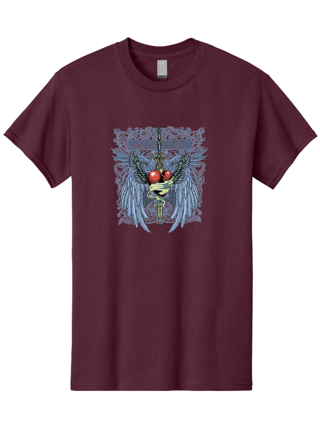 Make Love Not War Men'S Graphic Tee, 100% Cotton, Comfortable Casual Summer Wear, Machine Washable, Dagger, Two Hearts, Wings, Snake Wrapped, Symbolic Imagery, Mystical Artwork, Love, Evil, Heartbreak, Emotional Symbolism, Gothic Art Aae488