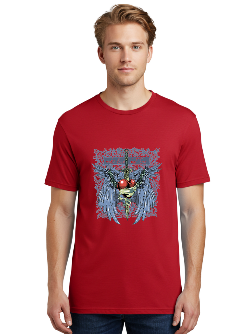Make Love Not War Men'S Graphic Tee, 100% Cotton, Comfortable Casual Summer Wear, Machine Washable, Dagger, Two Hearts, Wings, Snake Wrapped, Symbolic Imagery, Mystical Artwork, Love, Evil, Heartbreak, Emotional Symbolism, Gothic Art Aae488