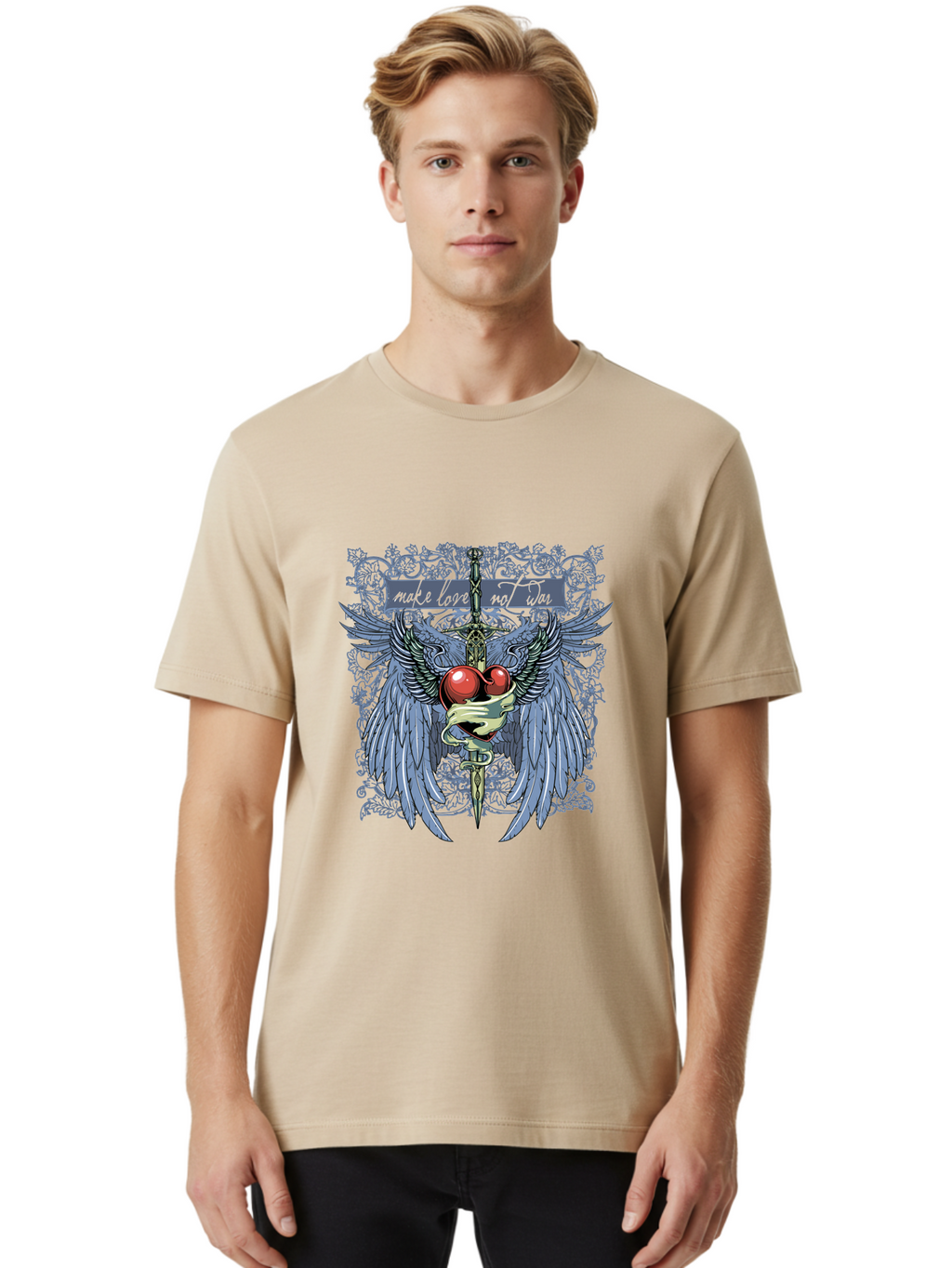 Make Love Not War Men'S Graphic Tee, 100% Cotton, Comfortable Casual Summer Wear, Machine Washable, Dagger, Two Hearts, Wings, Snake Wrapped, Symbolic Imagery, Mystical Artwork, Love, Evil, Heartbreak, Emotional Symbolism, Gothic Art Aae488