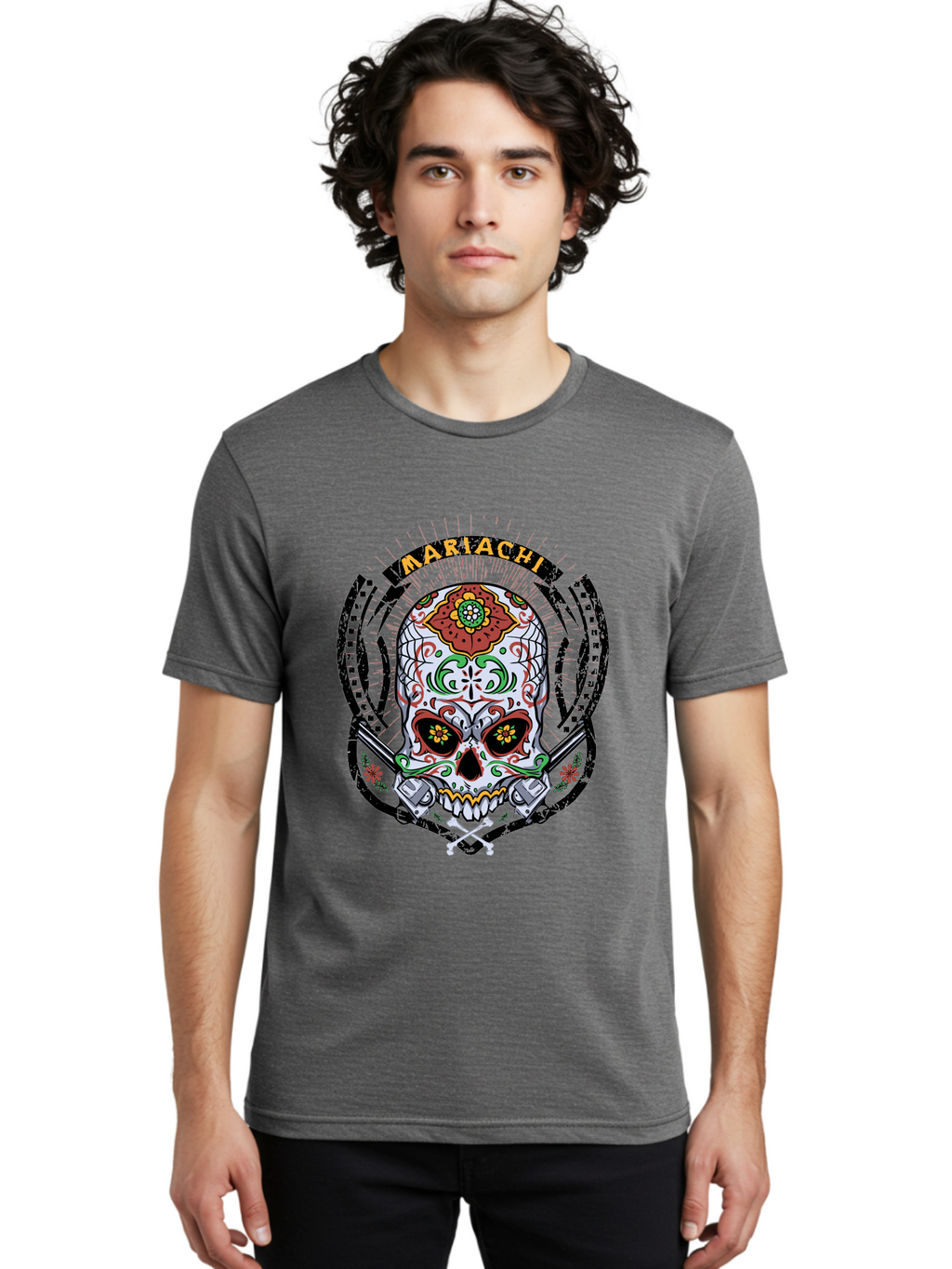 Mariachi Of The Dead Men'S Graphic Tee, 100% Cotton, Comfortable Casual Summer Wear, Machine Washable, Sugar Skull, Mariachi Theme, Floral Designs, Guns, Crossbones, Vibrant Colors, Mexican Culture, Day Of The Dead, Skull Art, Ornate Details, Aae490