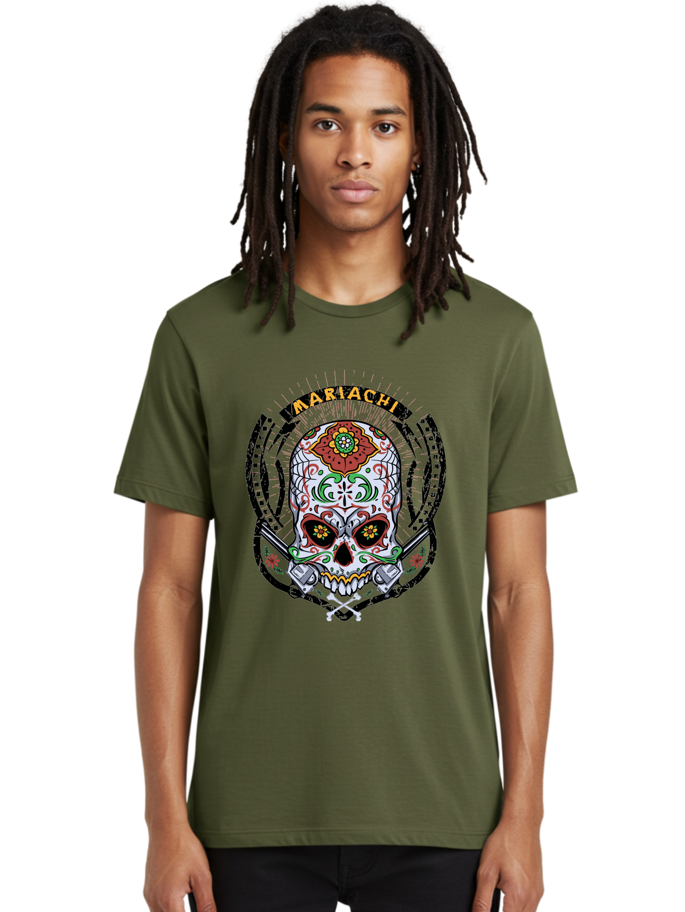 Mariachi Of The Dead Men'S Graphic Tee, 100% Cotton, Comfortable Casual Summer Wear, Machine Washable, Sugar Skull, Mariachi Theme, Floral Designs, Guns, Crossbones, Vibrant Colors, Mexican Culture, Day Of The Dead, Skull Art, Ornate Details, Aae490