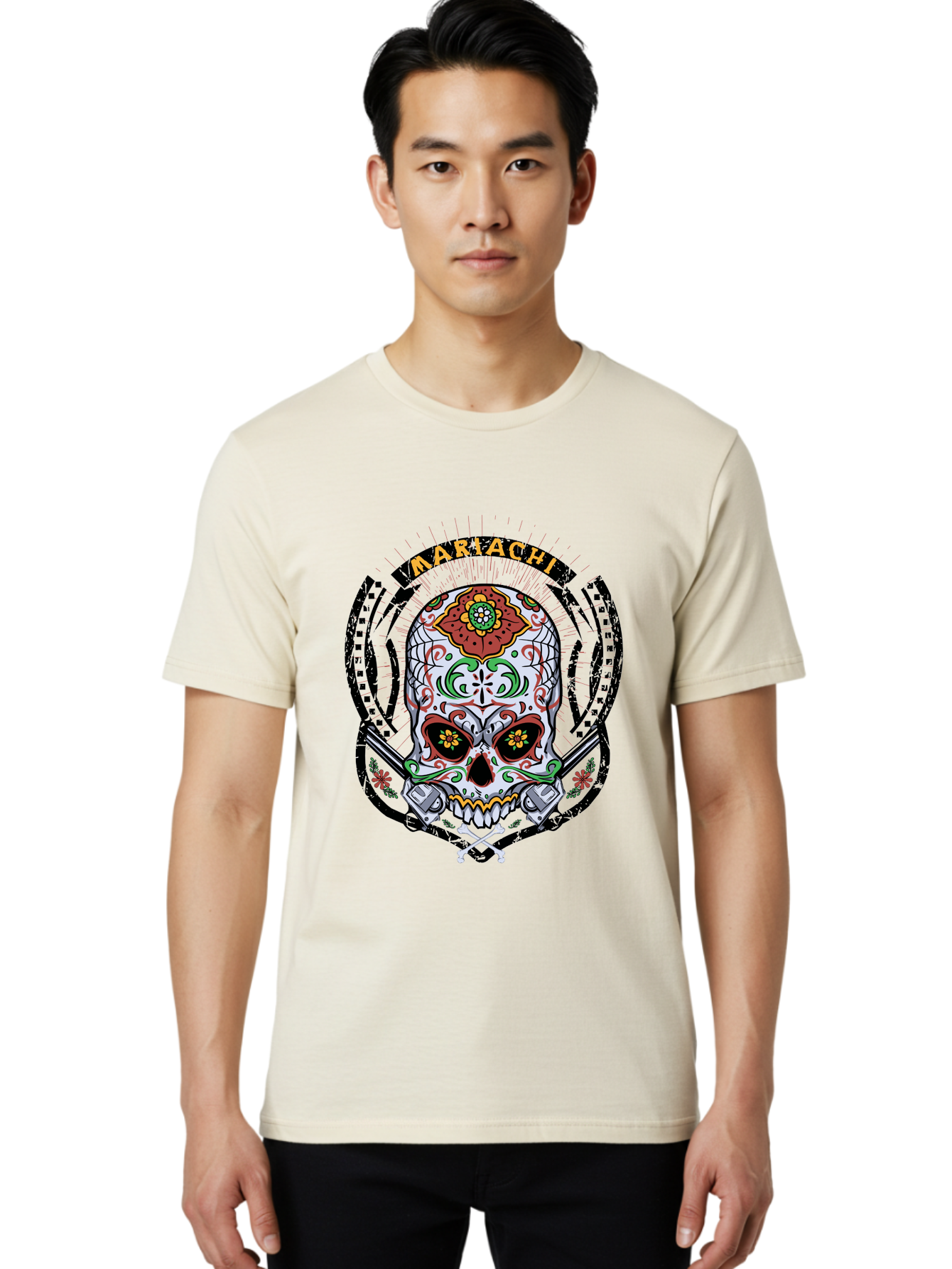 Mariachi Of The Dead Men'S Graphic Tee, 100% Cotton, Comfortable Casual Summer Wear, Machine Washable, Sugar Skull, Mariachi Theme, Floral Designs, Guns, Crossbones, Vibrant Colors, Mexican Culture, Day Of The Dead, Skull Art, Ornate Details, Aae490