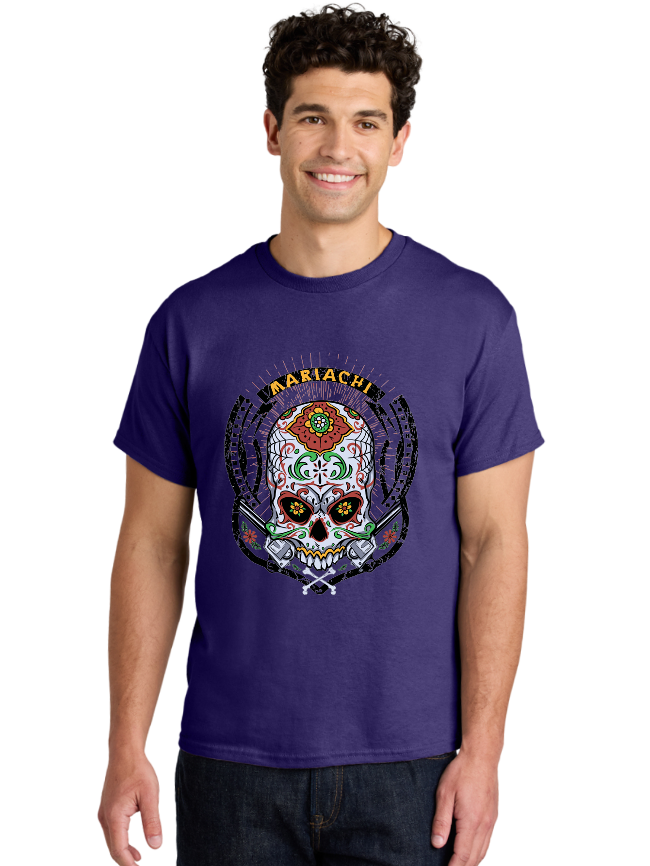 Mariachi Of The Dead Men'S Graphic Tee, 100% Cotton, Comfortable Casual Summer Wear, Machine Washable, Sugar Skull, Mariachi Theme, Floral Designs, Guns, Crossbones, Vibrant Colors, Mexican Culture, Day Of The Dead, Skull Art, Ornate Details, Aae490