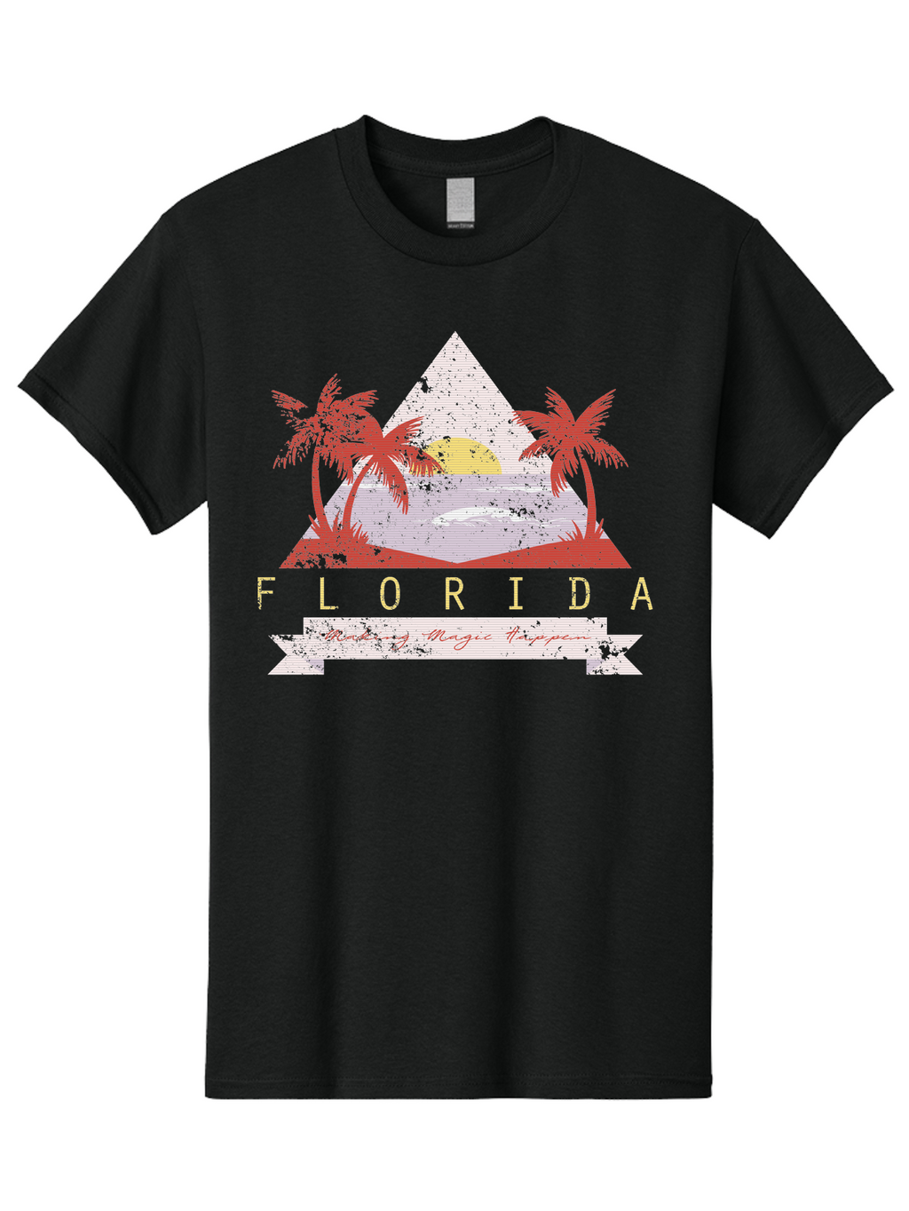Miamibeach Men'S Graphic Tee, 100% Cotton, Comfortable Casual Summer Wear, Machine Washable, Florida Graphic, Retro Design, Tropical Paradise, Palm Trees, Sun Setting Over Ocean, Vintage Travel Poster, T-Shirt Design, Making Magic Happen Aae498