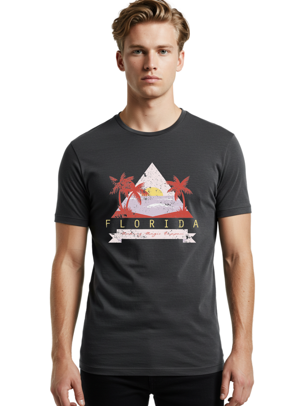 Miamibeach Men'S Graphic Tee, 100% Cotton, Comfortable Casual Summer Wear, Machine Washable, Florida Graphic, Retro Design, Tropical Paradise, Palm Trees, Sun Setting Over Ocean, Vintage Travel Poster, T-Shirt Design, Making Magic Happen Aae498