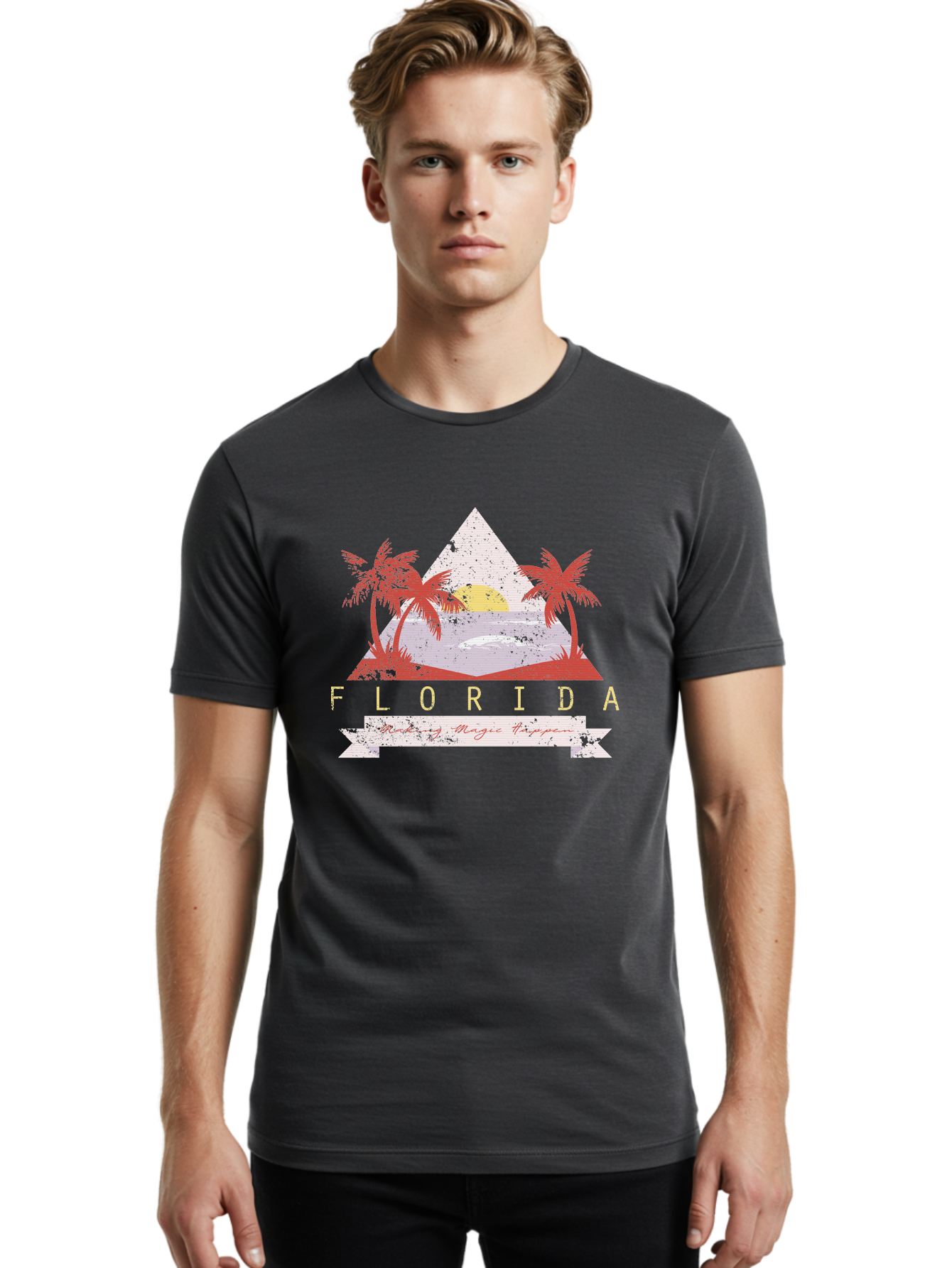 Miamibeach Men'S Graphic Tee, 100% Cotton, Comfortable Casual Summer Wear, Machine Washable, Florida Graphic, Retro Design, Tropical Paradise, Palm Trees, Sun Setting Over Ocean, Vintage Travel Poster, T-Shirt Design, Making Magic Happen Aae498