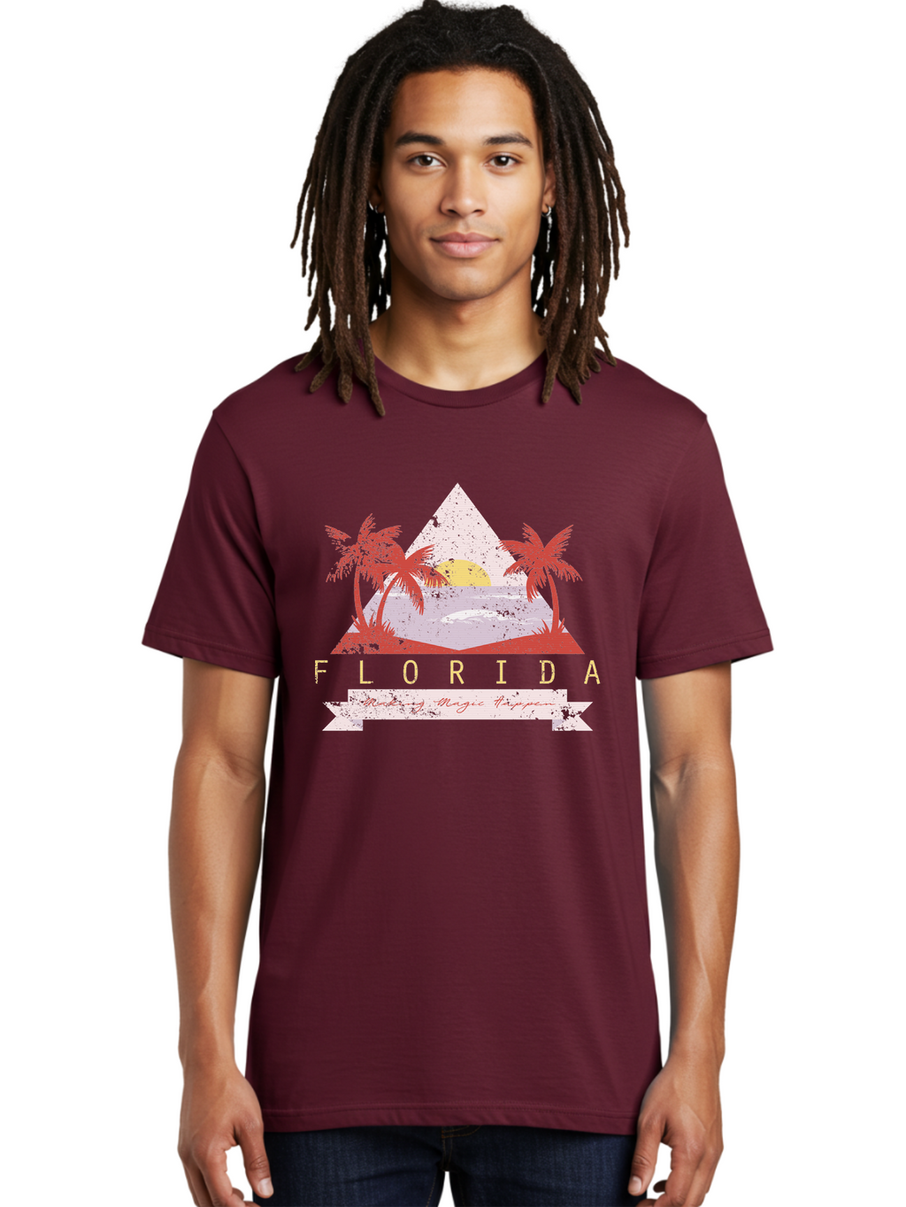 Miamibeach Men'S Graphic Tee, 100% Cotton, Comfortable Casual Summer Wear, Machine Washable, Florida Graphic, Retro Design, Tropical Paradise, Palm Trees, Sun Setting Over Ocean, Vintage Travel Poster, T-Shirt Design, Making Magic Happen Aae498