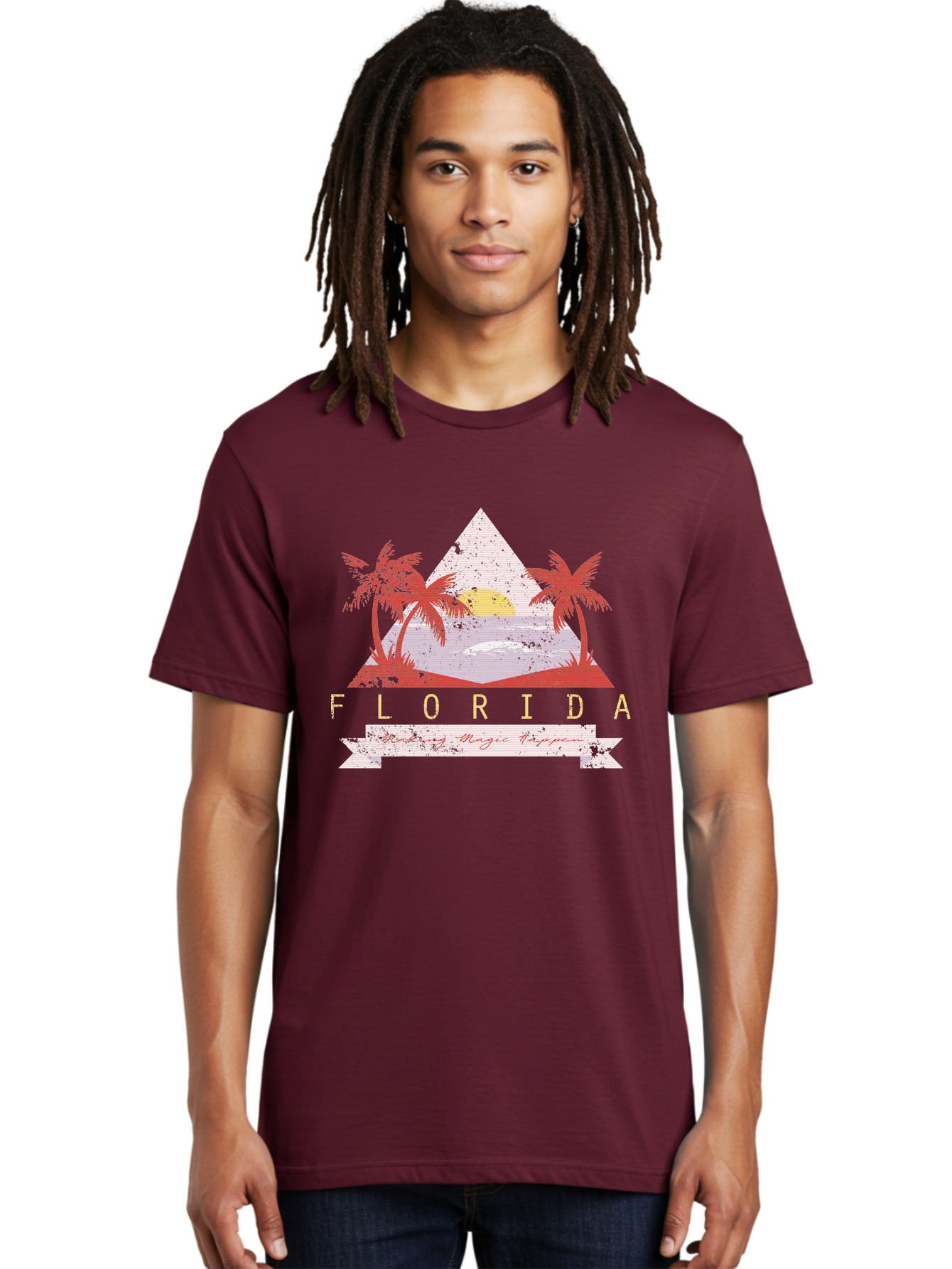 Miamibeach Men'S Graphic Tee, 100% Cotton, Comfortable Casual Summer Wear, Machine Washable, Florida Graphic, Retro Design, Tropical Paradise, Palm Trees, Sun Setting Over Ocean, Vintage Travel Poster, T-Shirt Design, Making Magic Happen Aae498