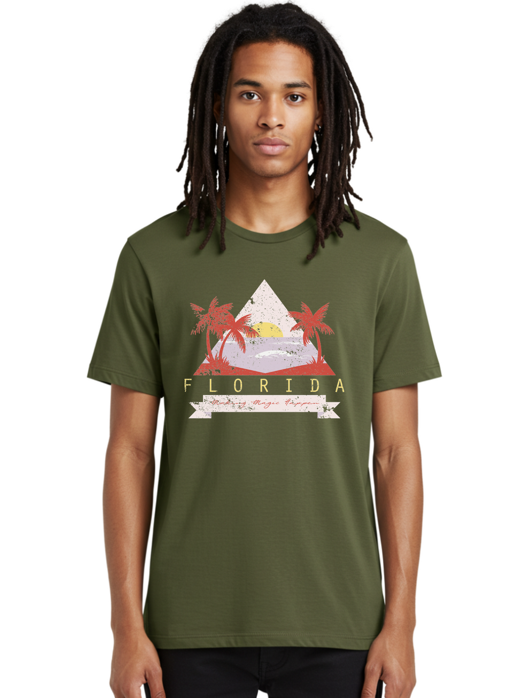 Miamibeach Men'S Graphic Tee, 100% Cotton, Comfortable Casual Summer Wear, Machine Washable, Florida Graphic, Retro Design, Tropical Paradise, Palm Trees, Sun Setting Over Ocean, Vintage Travel Poster, T-Shirt Design, Making Magic Happen Aae498