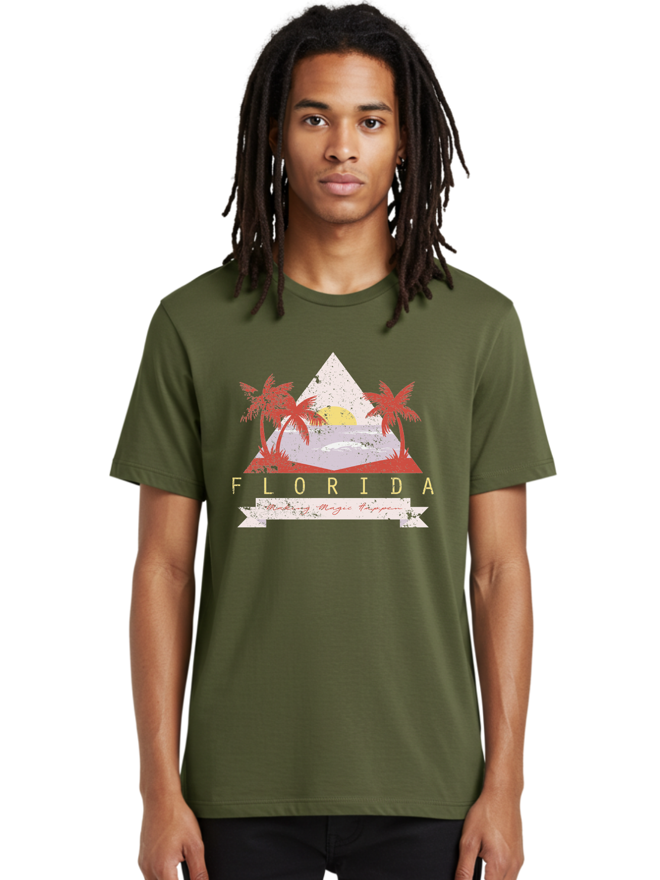 Miamibeach Men'S Graphic Tee, 100% Cotton, Comfortable Casual Summer Wear, Machine Washable, Florida Graphic, Retro Design, Tropical Paradise, Palm Trees, Sun Setting Over Ocean, Vintage Travel Poster, T-Shirt Design, Making Magic Happen Aae498