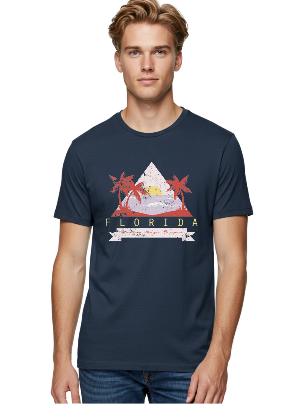 Miamibeach Men'S Graphic Tee, 100% Cotton, Comfortable Casual Summer Wear, Machine Washable, Florida Graphic, Retro Design, Tropical Paradise, Palm Trees, Sun Setting Over Ocean, Vintage Travel Poster, T-Shirt Design, Making Magic Happen Aae498