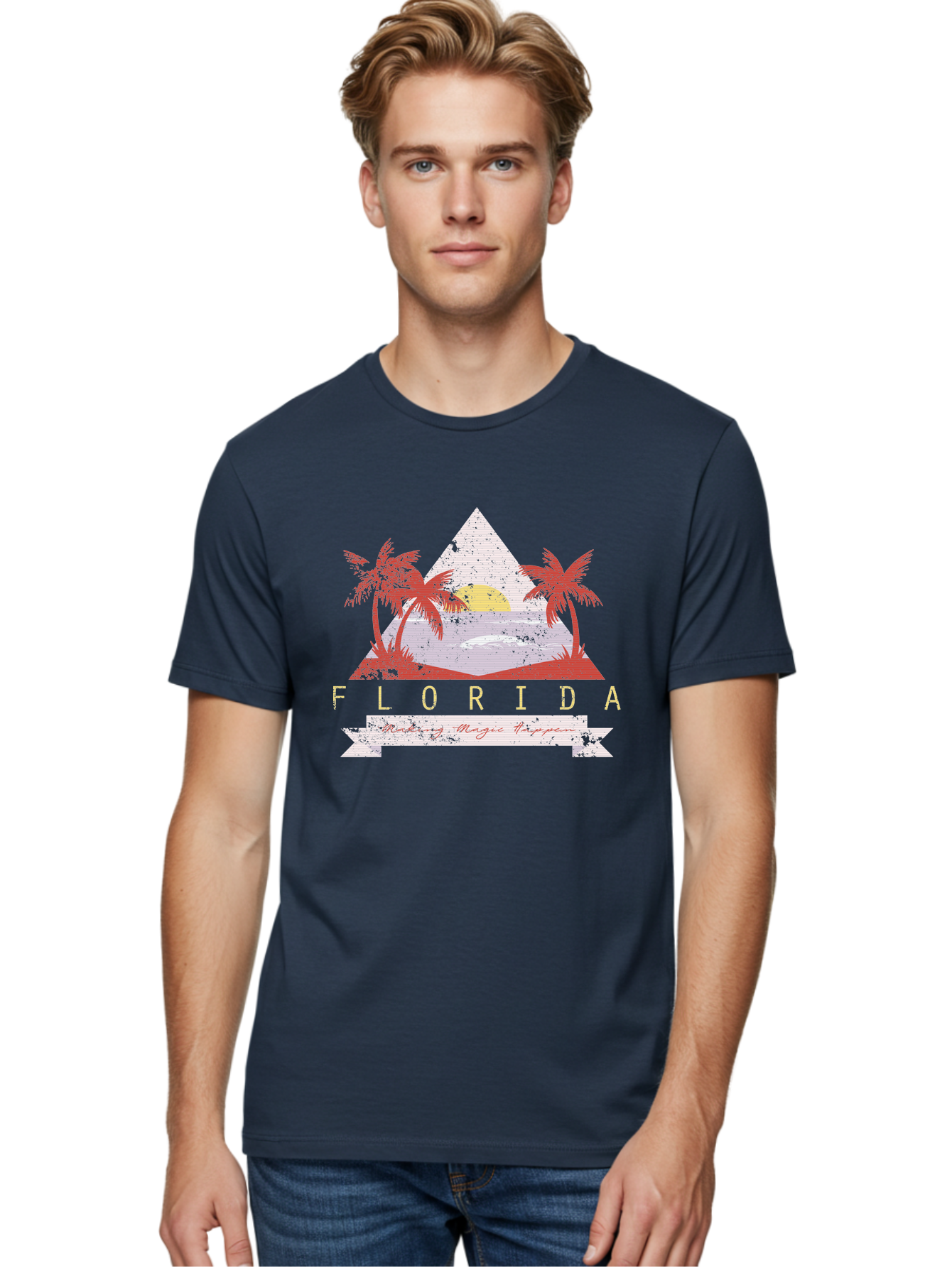 Miamibeach Men'S Graphic Tee, 100% Cotton, Comfortable Casual Summer Wear, Machine Washable, Florida Graphic, Retro Design, Tropical Paradise, Palm Trees, Sun Setting Over Ocean, Vintage Travel Poster, T-Shirt Design, Making Magic Happen Aae498