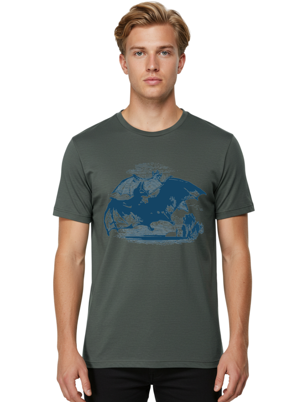 Midnight Bat Flight Men'S Graphic Tee, 100% Cotton, Comfortable Casual Summer Wear, Machine Washable, Vampire Bat Flying, Fantasy Creature, Night Creature, Horror Theme, Gothic Style, Dark Art, Mythical Being, Supernatural Creature, Aae501
