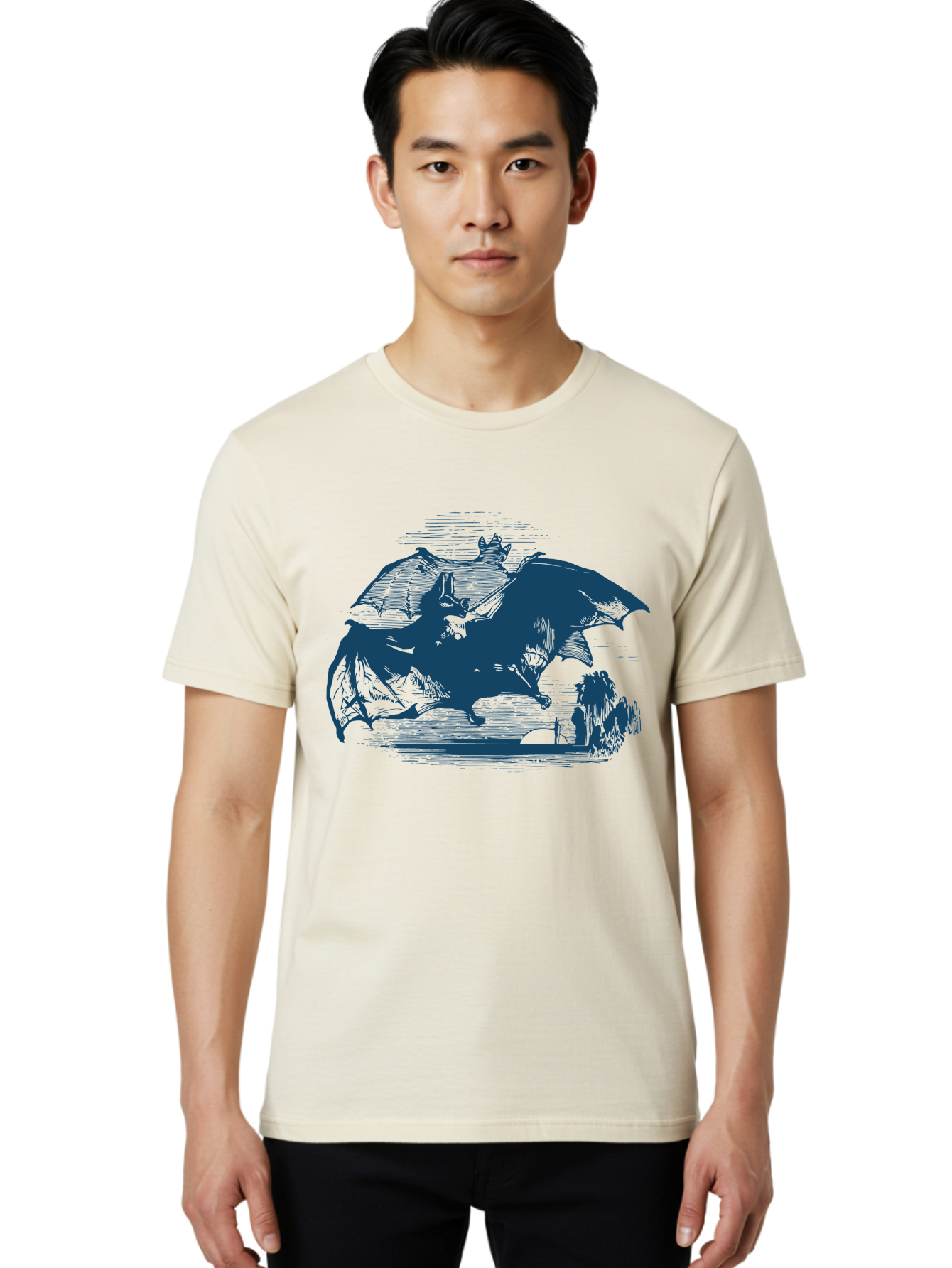 Midnight Bat Flight Men'S Graphic Tee, 100% Cotton, Comfortable Casual Summer Wear, Machine Washable, Vampire Bat Flying, Fantasy Creature, Night Creature, Horror Theme, Gothic Style, Dark Art, Mythical Being, Supernatural Creature, Aae501