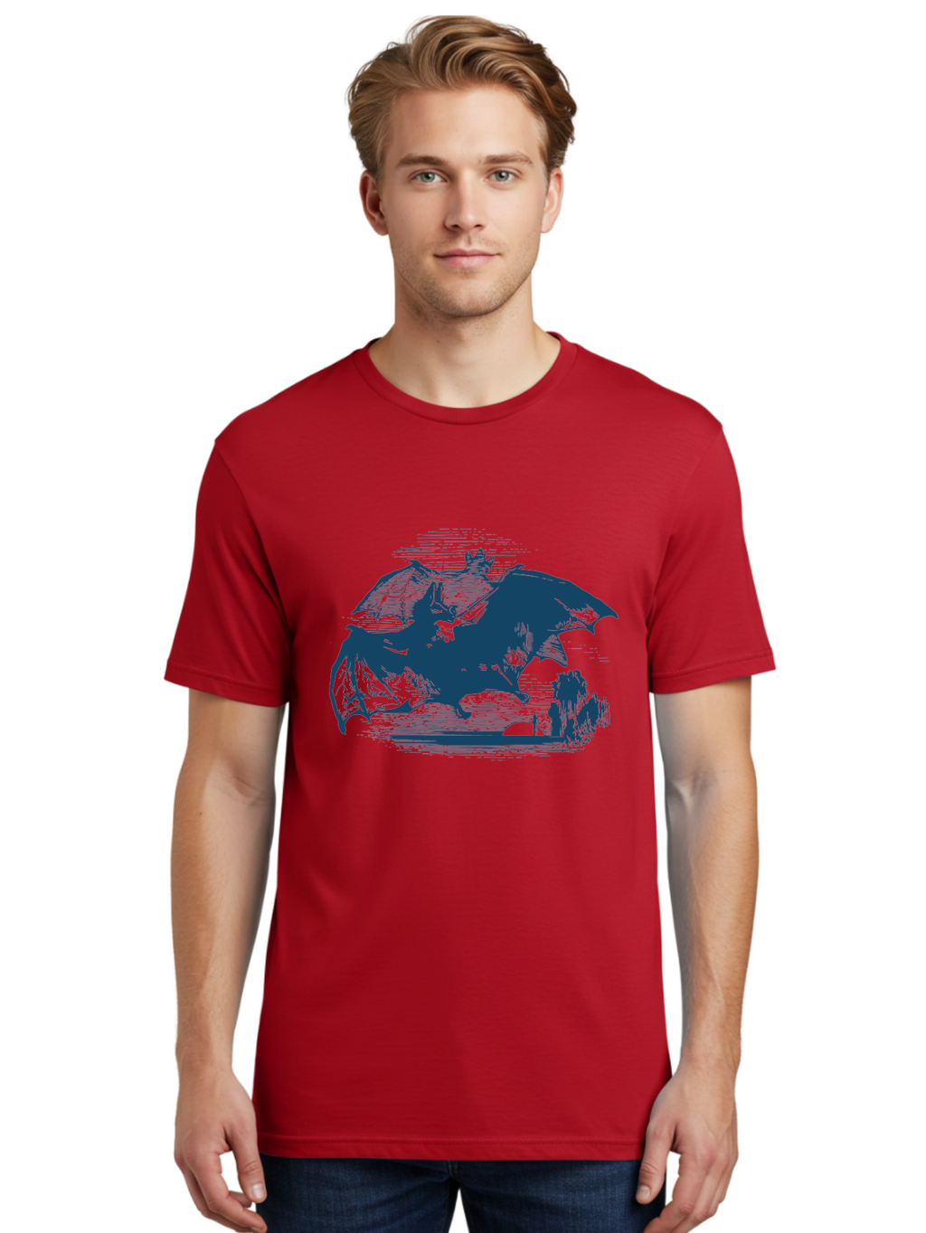 Midnight Bat Flight Men'S Graphic Tee, 100% Cotton, Comfortable Casual Summer Wear, Machine Washable, Vampire Bat Flying, Fantasy Creature, Night Creature, Horror Theme, Gothic Style, Dark Art, Mythical Being, Supernatural Creature, Aae501