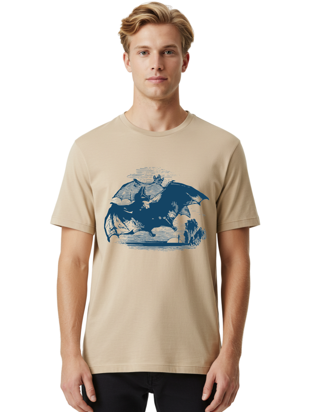 Midnight Bat Flight Men'S Graphic Tee, 100% Cotton, Comfortable Casual Summer Wear, Machine Washable, Vampire Bat Flying, Fantasy Creature, Night Creature, Horror Theme, Gothic Style, Dark Art, Mythical Being, Supernatural Creature, Aae501
