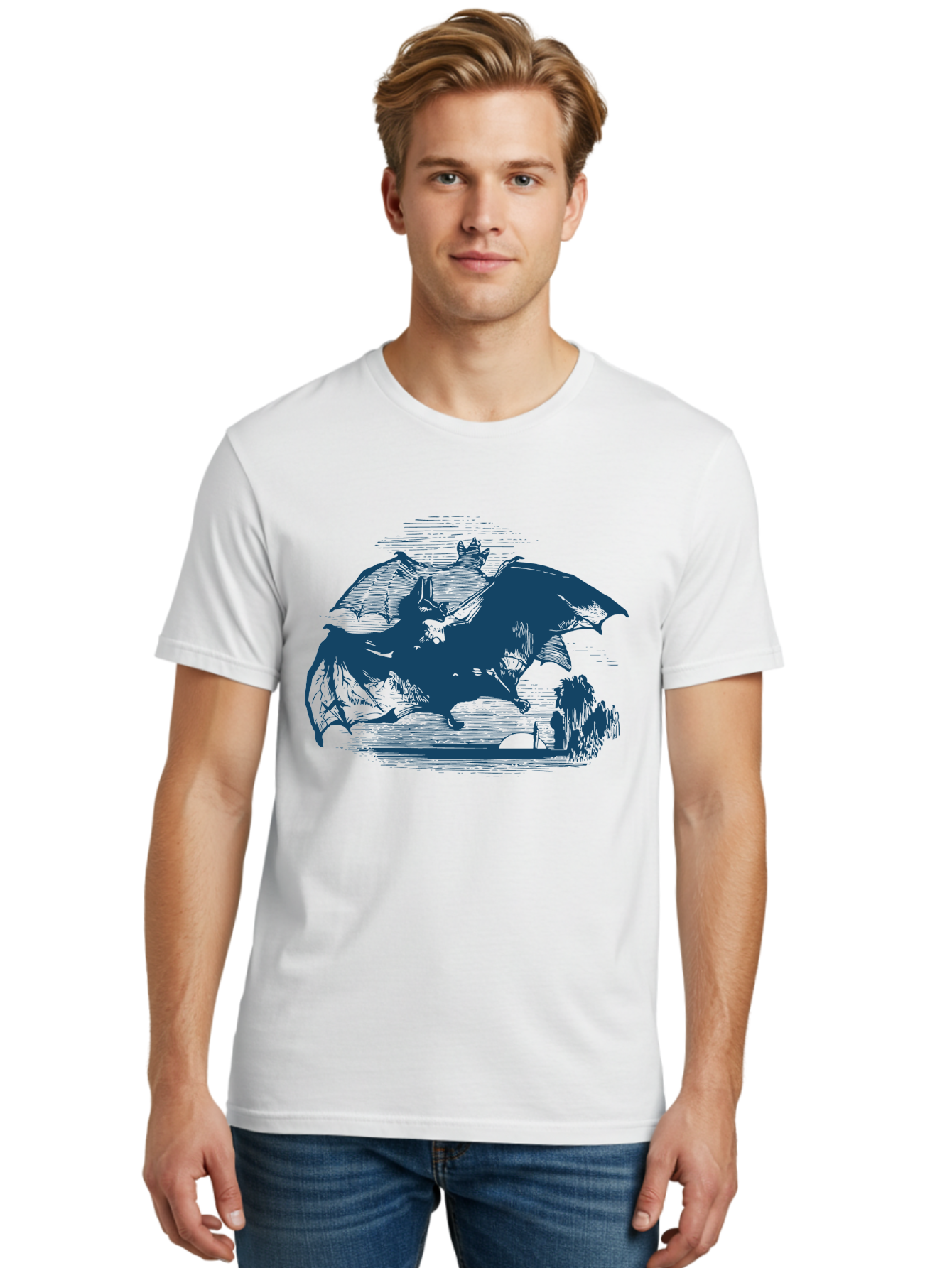 Midnight Bat Flight Men'S Graphic Tee, 100% Cotton, Comfortable Casual Summer Wear, Machine Washable, Vampire Bat Flying, Fantasy Creature, Night Creature, Horror Theme, Gothic Style, Dark Art, Mythical Being, Supernatural Creature, Aae501