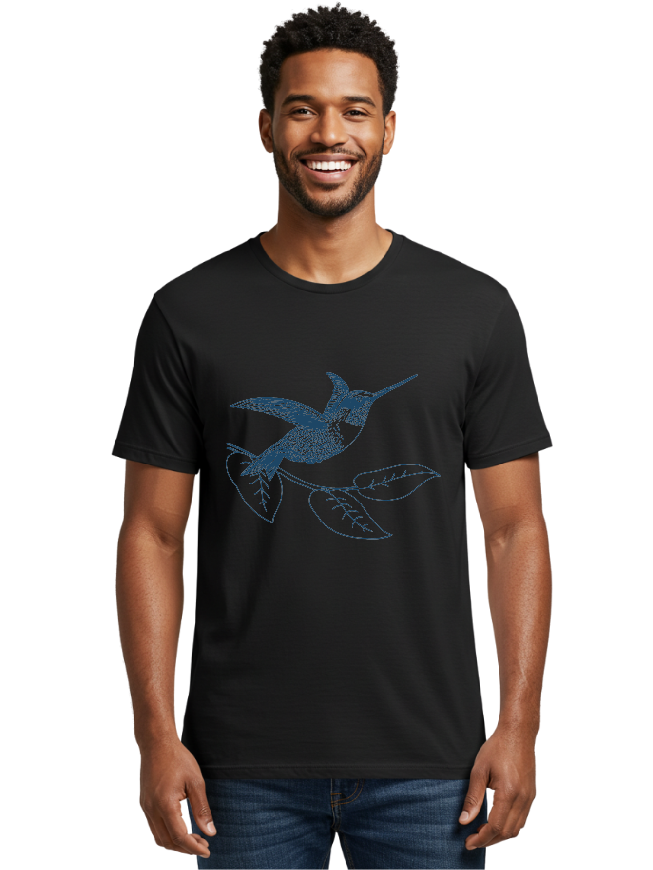 Midnight Colibri Men'S Graphic Tee, 100% Cotton, Comfortable Casual Summer Wear, Machine Washable, Hummingbird In Flight, Bird On Branch, Nature Illustration, Wildlife Art, Avian Design, Intricate Details, Simple Lines Aae502