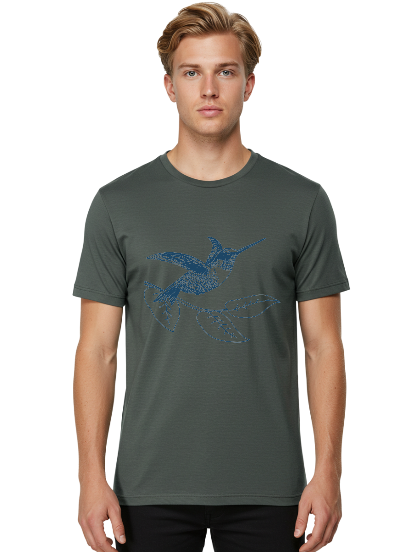 Midnight Colibri Men'S Graphic Tee, 100% Cotton, Comfortable Casual Summer Wear, Machine Washable, Hummingbird In Flight, Bird On Branch, Nature Illustration, Wildlife Art, Avian Design, Intricate Details, Simple Lines Aae502