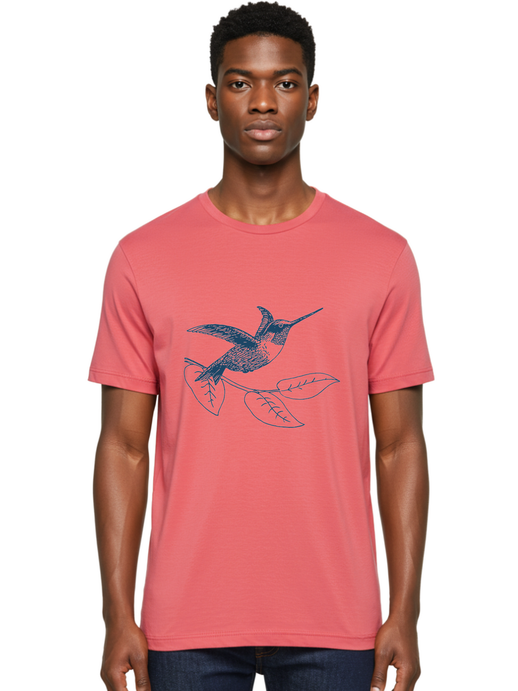 Midnight Colibri Men'S Graphic Tee, 100% Cotton, Comfortable Casual Summer Wear, Machine Washable, Hummingbird In Flight, Bird On Branch, Nature Illustration, Wildlife Art, Avian Design, Intricate Details, Simple Lines Aae502