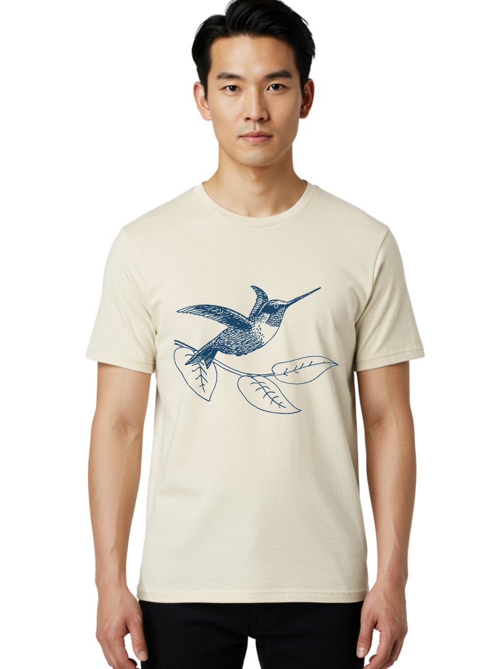 Midnight Colibri Men'S Graphic Tee, 100% Cotton, Comfortable Casual Summer Wear, Machine Washable, Hummingbird In Flight, Bird On Branch, Nature Illustration, Wildlife Art, Avian Design, Intricate Details, Simple Lines Aae502