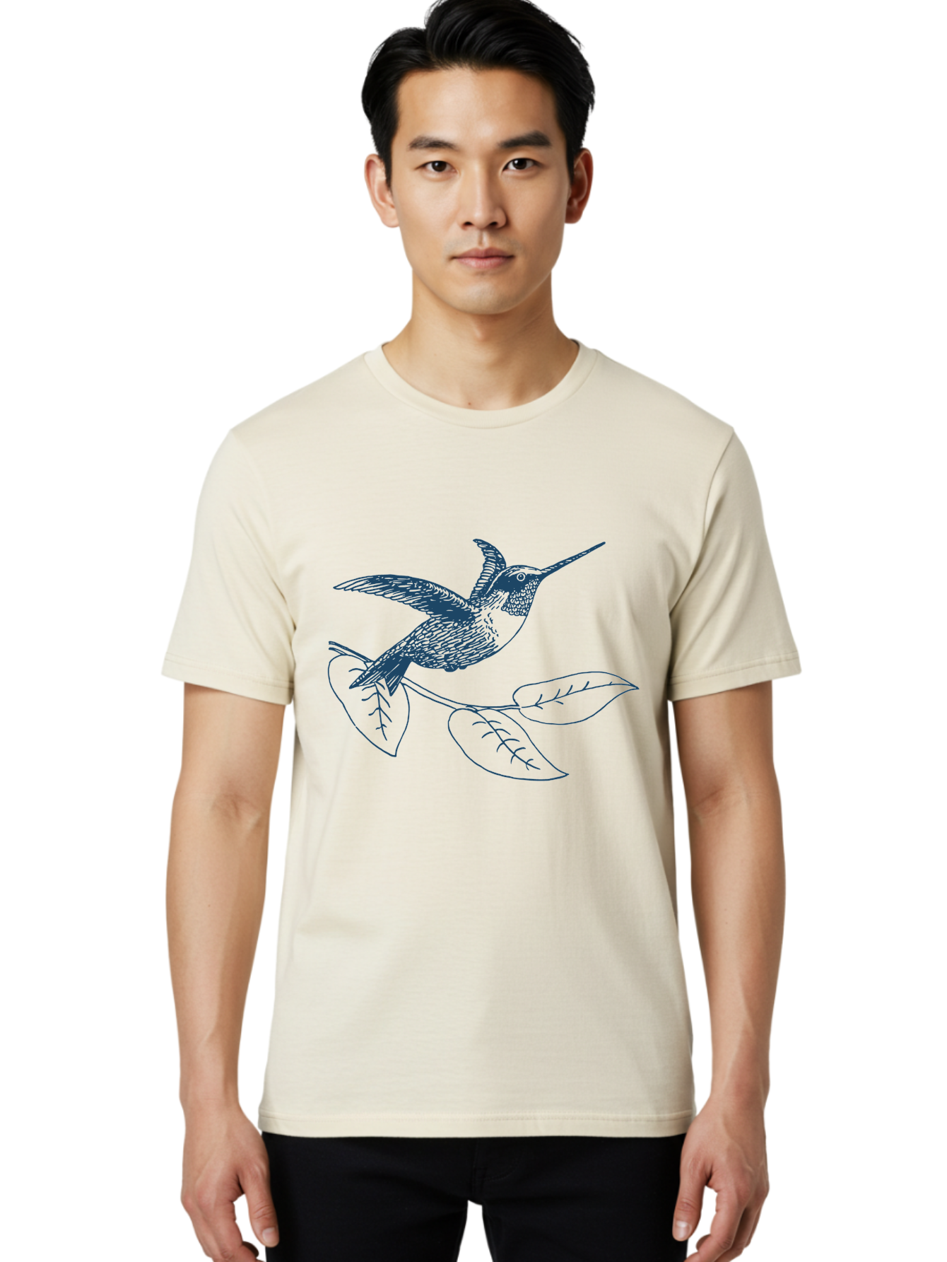Midnight Colibri Men'S Graphic Tee, 100% Cotton, Comfortable Casual Summer Wear, Machine Washable, Hummingbird In Flight, Bird On Branch, Nature Illustration, Wildlife Art, Avian Design, Intricate Details, Simple Lines Aae502