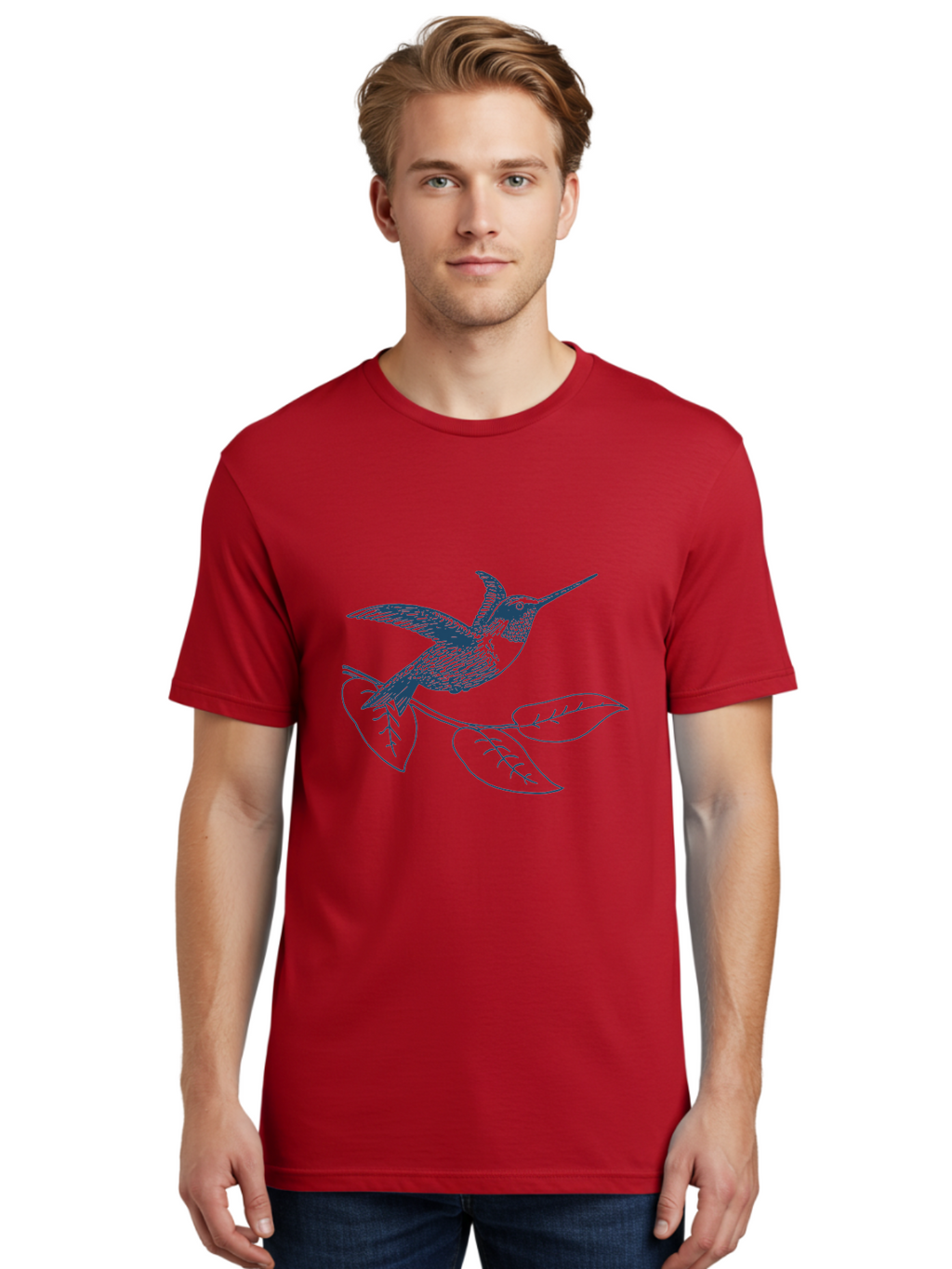 Midnight Colibri Men'S Graphic Tee, 100% Cotton, Comfortable Casual Summer Wear, Machine Washable, Hummingbird In Flight, Bird On Branch, Nature Illustration, Wildlife Art, Avian Design, Intricate Details, Simple Lines Aae502