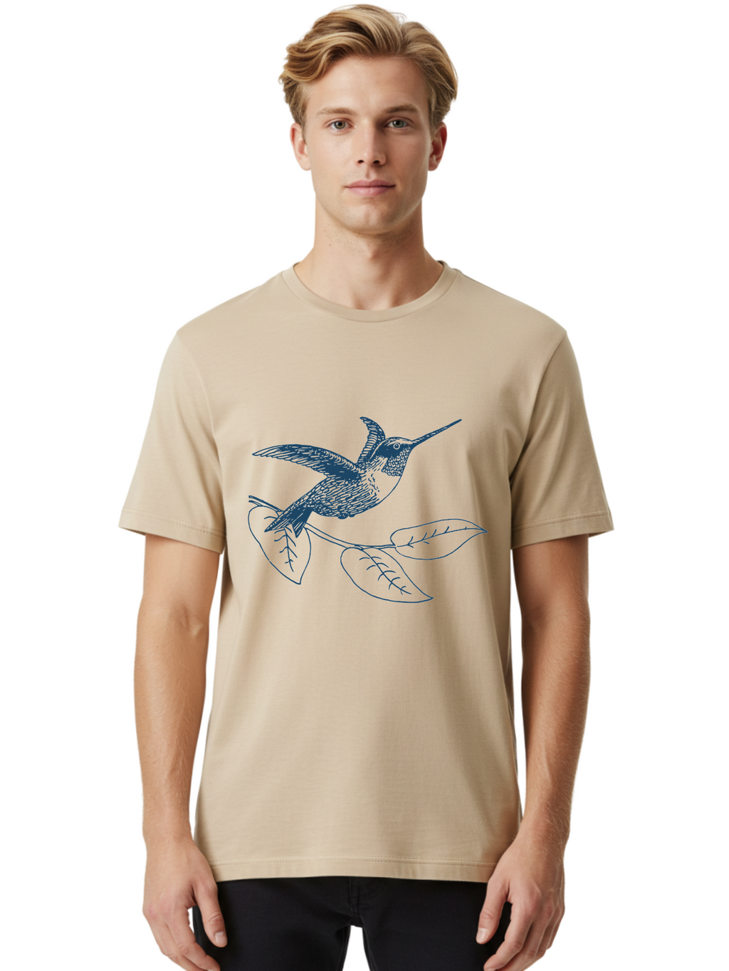 Midnight Colibri Men'S Graphic Tee, 100% Cotton, Comfortable Casual Summer Wear, Machine Washable, Hummingbird In Flight, Bird On Branch, Nature Illustration, Wildlife Art, Avian Design, Intricate Details, Simple Lines Aae502