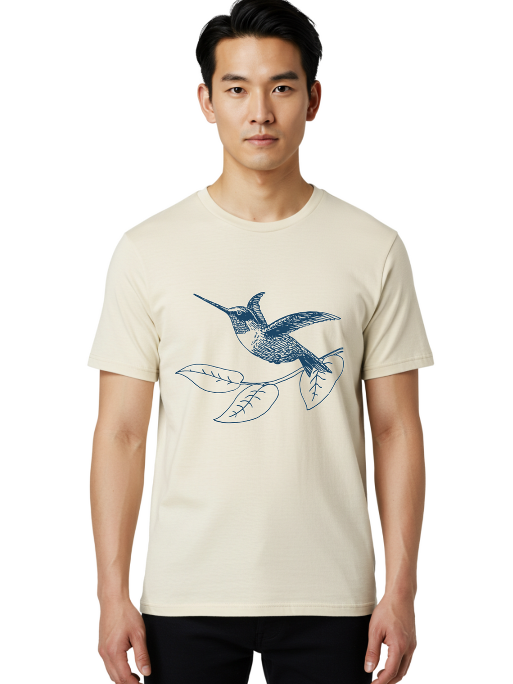 Midnight Colibri 2 Men'S Graphic Tee, 100% Cotton, Comfortable Casual Summer Wear, Machine Washable, Hummingbird Perched On Branch, Line Art, Minimalist Design, Simple Shapes, Bird In Flight, Leaves, Natural Elements, Illustration Art, Aae503