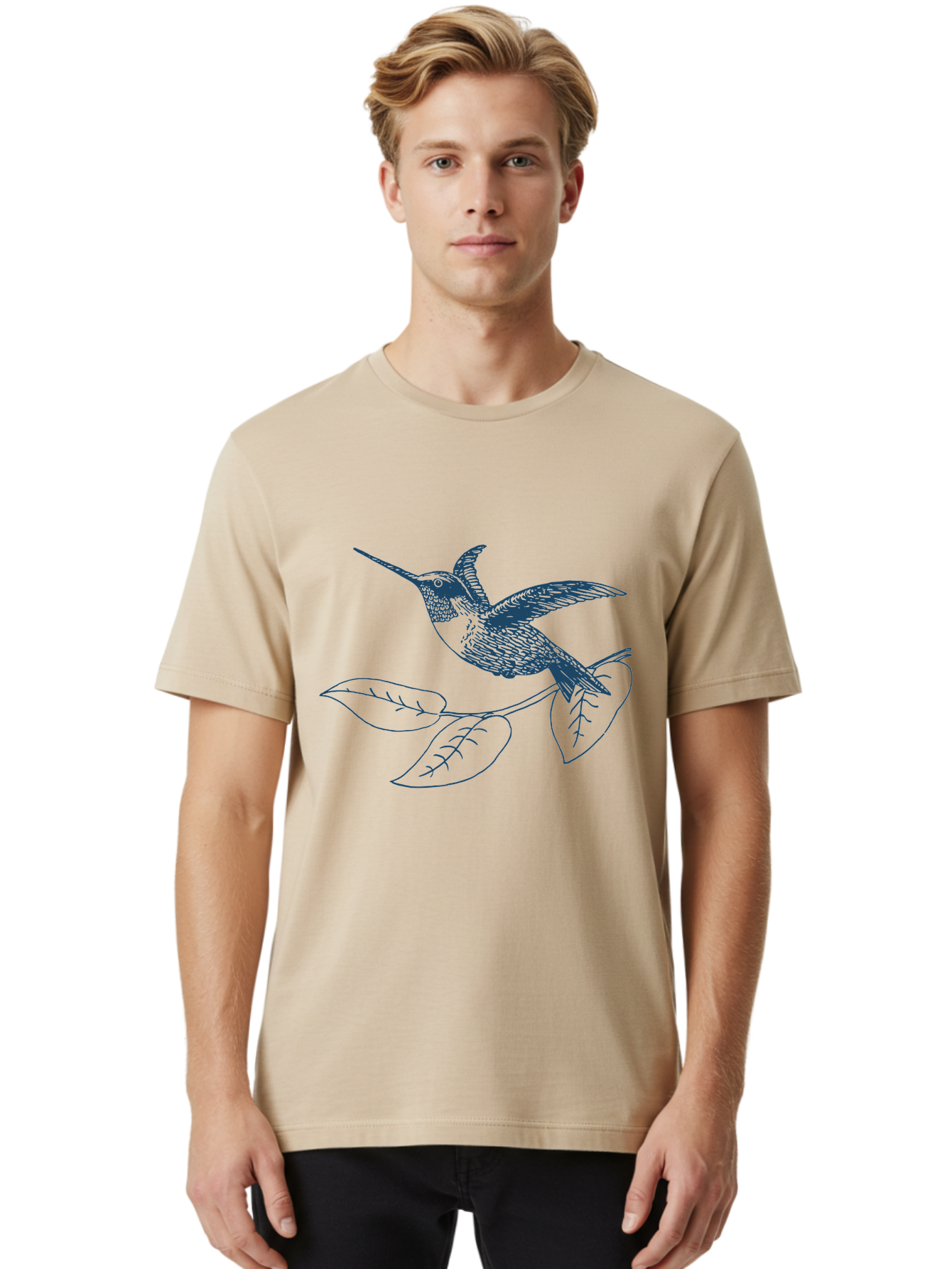 Midnight Colibri 2 Men'S Graphic Tee, 100% Cotton, Comfortable Casual Summer Wear, Machine Washable, Hummingbird Perched On Branch, Line Art, Minimalist Design, Simple Shapes, Bird In Flight, Leaves, Natural Elements, Illustration Art, Aae503