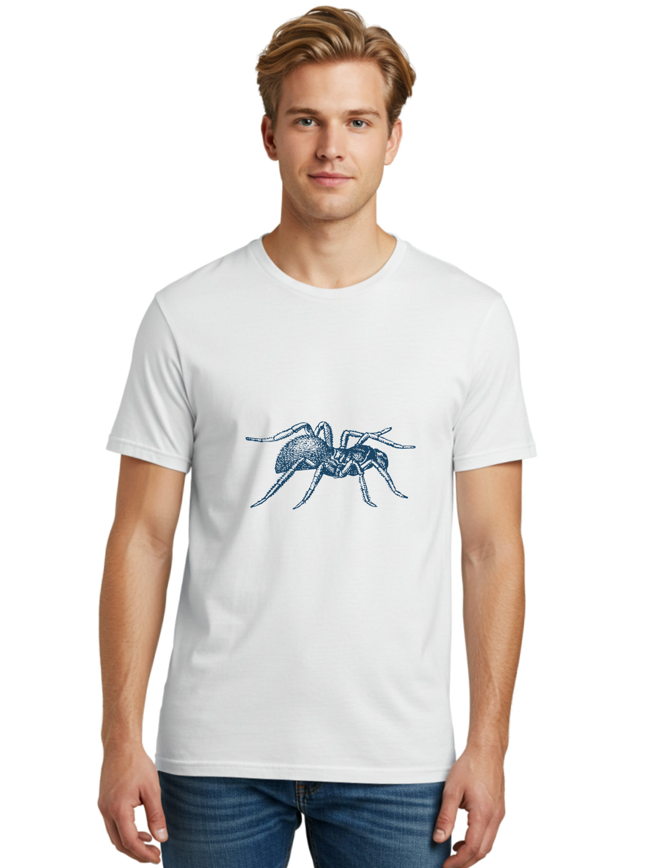 Midnight Spider Men'S Graphic Tee, 100% Cotton, Comfortable Casual Summer Wear, Machine Washable, Spider Illustration, Arachnid Art, Creepy Crawlers, Eight-Legged Creature, Spider Graphics, Insect Design, Dark Blue Spider Aae505