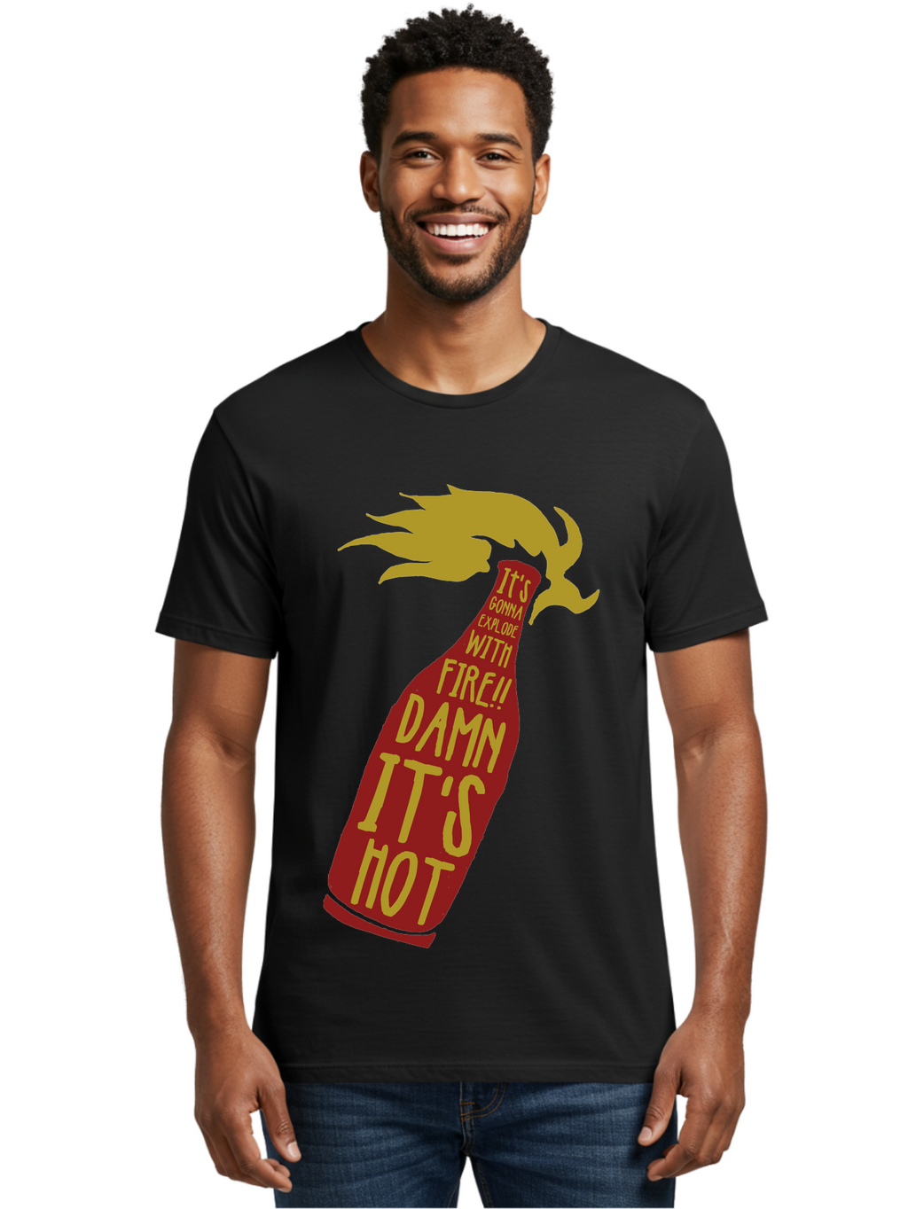 Molotov Explode Men'S Graphic Tee, 100% Cotton, Comfortable Casual Summer Wear, Machine Washable, Hot Sauce, Spicy Food, Condiment Bottle, Fire, Explosion, Bold Typography, Fiery Flavor, Culinary Art Aae506