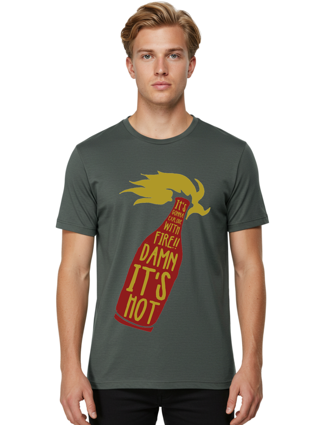Molotov Explode Men'S Graphic Tee, 100% Cotton, Comfortable Casual Summer Wear, Machine Washable, Hot Sauce, Spicy Food, Condiment Bottle, Fire, Explosion, Bold Typography, Fiery Flavor, Culinary Art Aae506