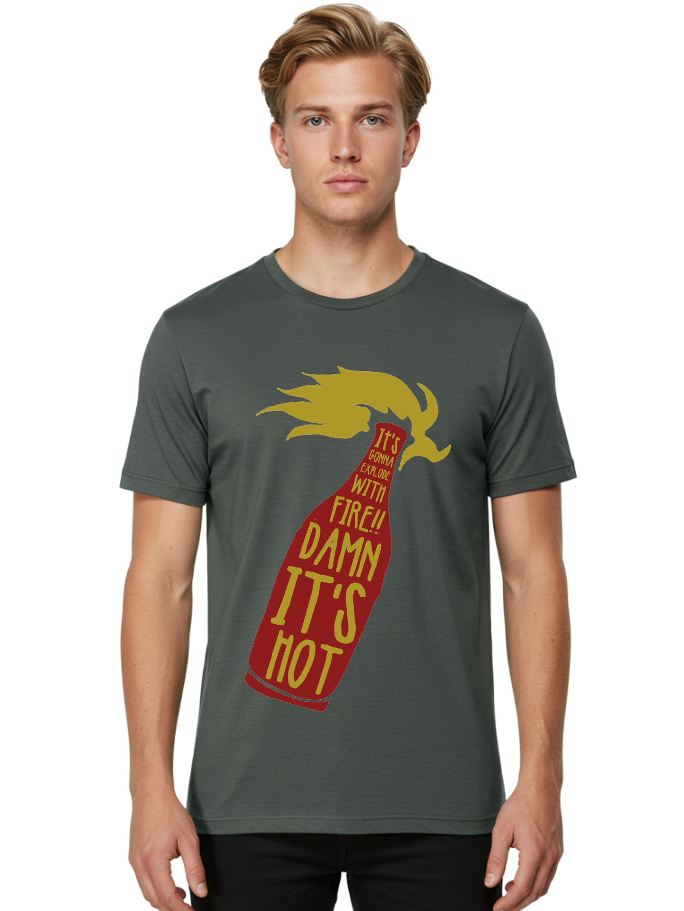 Molotov Explode Men'S Graphic Tee, 100% Cotton, Comfortable Casual Summer Wear, Machine Washable, Hot Sauce, Spicy Food, Condiment Bottle, Fire, Explosion, Bold Typography, Fiery Flavor, Culinary Art Aae506