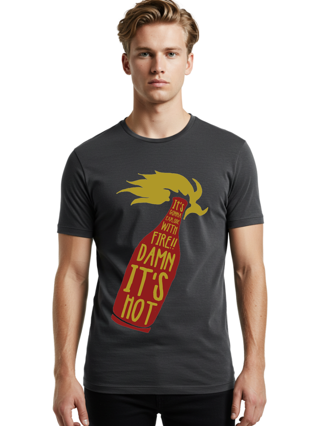 Molotov Explode Men'S Graphic Tee, 100% Cotton, Comfortable Casual Summer Wear, Machine Washable, Hot Sauce, Spicy Food, Condiment Bottle, Fire, Explosion, Bold Typography, Fiery Flavor, Culinary Art Aae506