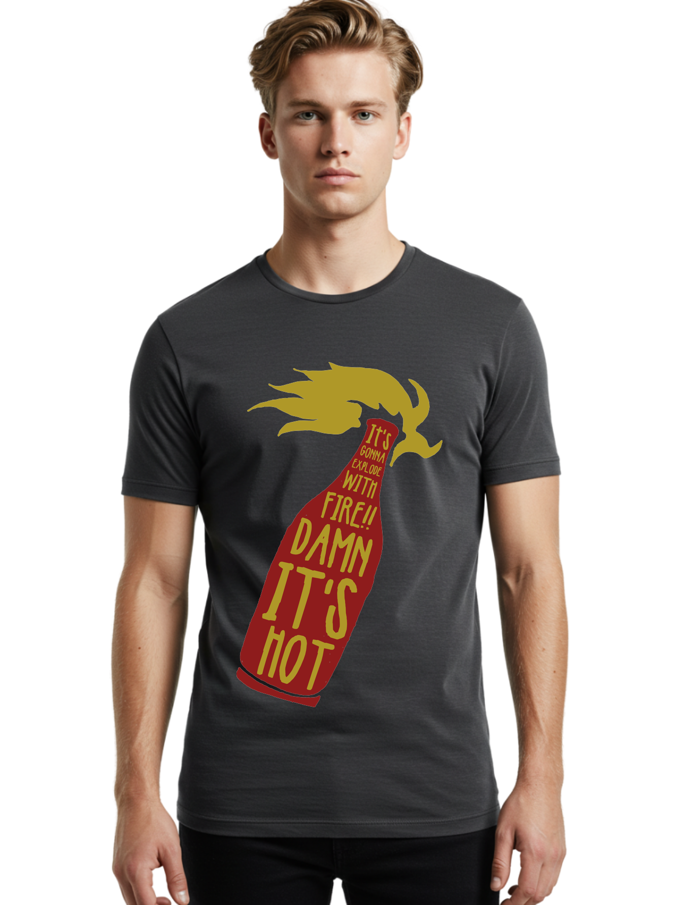 Molotov Explode Men'S Graphic Tee, 100% Cotton, Comfortable Casual Summer Wear, Machine Washable, Hot Sauce, Spicy Food, Condiment Bottle, Fire, Explosion, Bold Typography, Fiery Flavor, Culinary Art Aae506