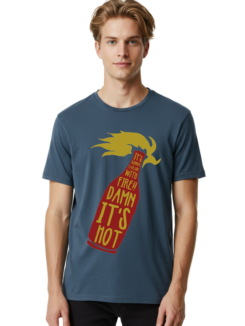 Molotov Explode Men'S Graphic Tee, 100% Cotton, Comfortable Casual Summer Wear, Machine Washable, Hot Sauce, Spicy Food, Condiment Bottle, Fire, Explosion, Bold Typography, Fiery Flavor, Culinary Art Aae506