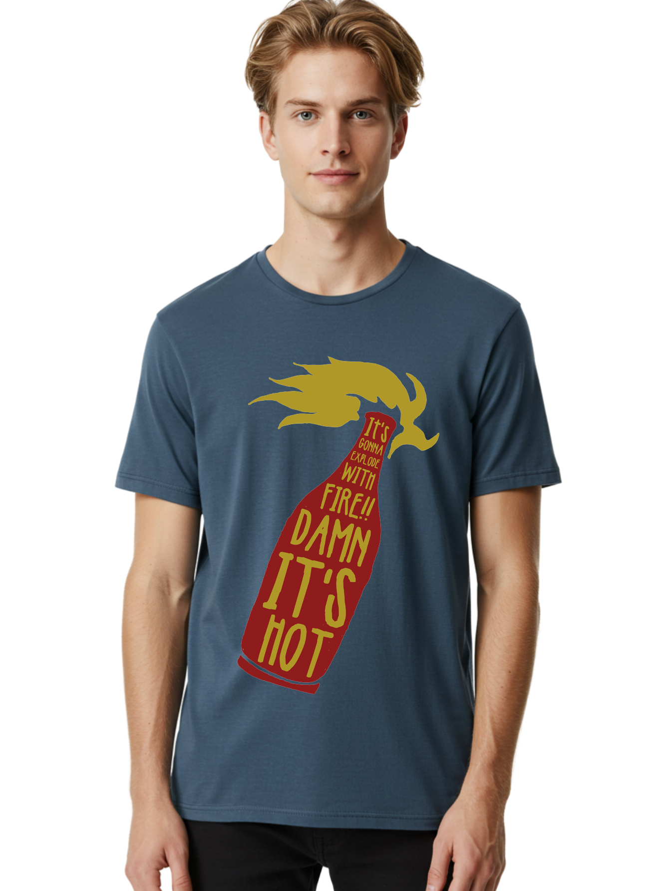 Molotov Explode Men'S Graphic Tee, 100% Cotton, Comfortable Casual Summer Wear, Machine Washable, Hot Sauce, Spicy Food, Condiment Bottle, Fire, Explosion, Bold Typography, Fiery Flavor, Culinary Art Aae506