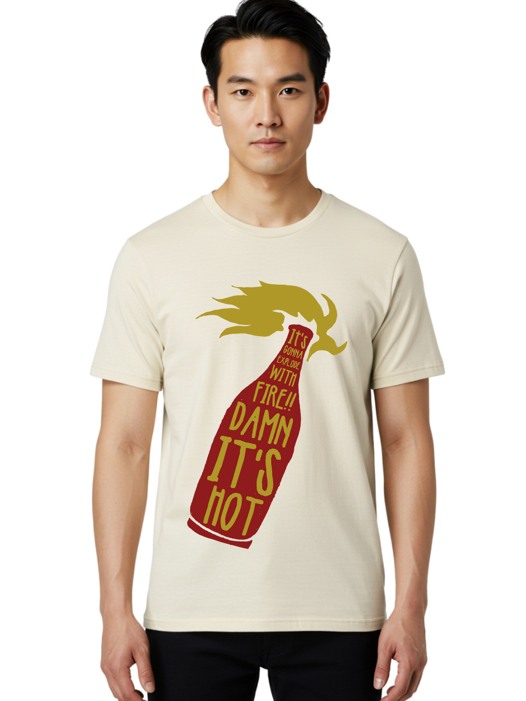 Molotov Explode Men'S Graphic Tee, 100% Cotton, Comfortable Casual Summer Wear, Machine Washable, Hot Sauce, Spicy Food, Condiment Bottle, Fire, Explosion, Bold Typography, Fiery Flavor, Culinary Art Aae506