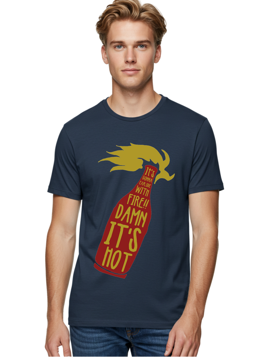 Molotov Explode Men'S Graphic Tee, 100% Cotton, Comfortable Casual Summer Wear, Machine Washable, Hot Sauce, Spicy Food, Condiment Bottle, Fire, Explosion, Bold Typography, Fiery Flavor, Culinary Art Aae506