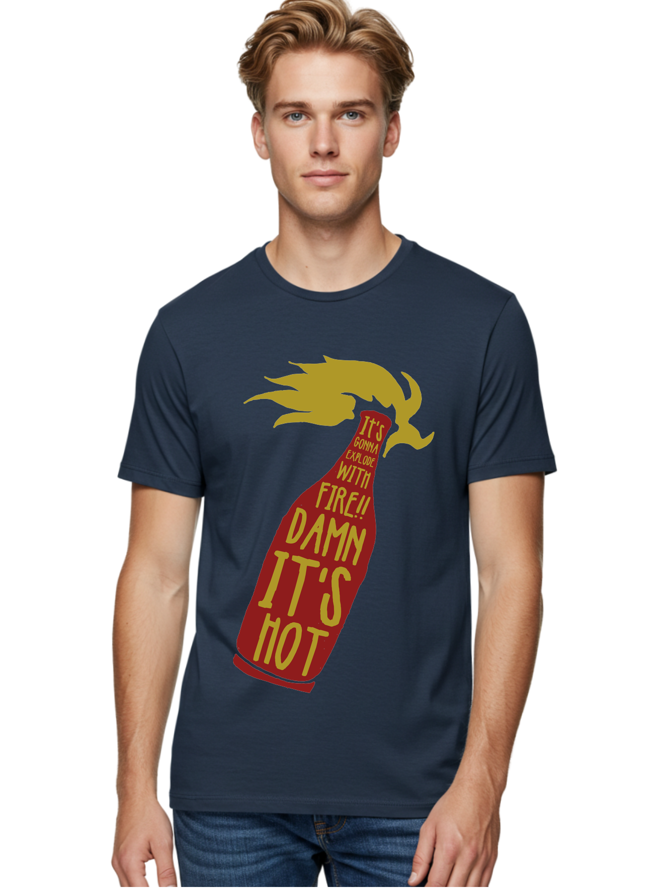 Molotov Explode Men'S Graphic Tee, 100% Cotton, Comfortable Casual Summer Wear, Machine Washable, Hot Sauce, Spicy Food, Condiment Bottle, Fire, Explosion, Bold Typography, Fiery Flavor, Culinary Art Aae506