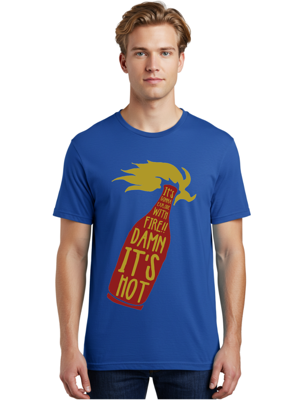 Molotov Explode Men'S Graphic Tee, 100% Cotton, Comfortable Casual Summer Wear, Machine Washable, Hot Sauce, Spicy Food, Condiment Bottle, Fire, Explosion, Bold Typography, Fiery Flavor, Culinary Art Aae506