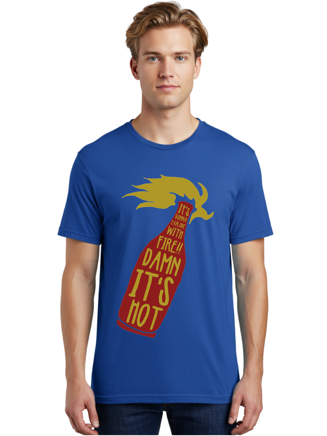 Molotov Explode Men'S Graphic Tee, 100% Cotton, Comfortable Casual Summer Wear, Machine Washable, Hot Sauce, Spicy Food, Condiment Bottle, Fire, Explosion, Bold Typography, Fiery Flavor, Culinary Art Aae506