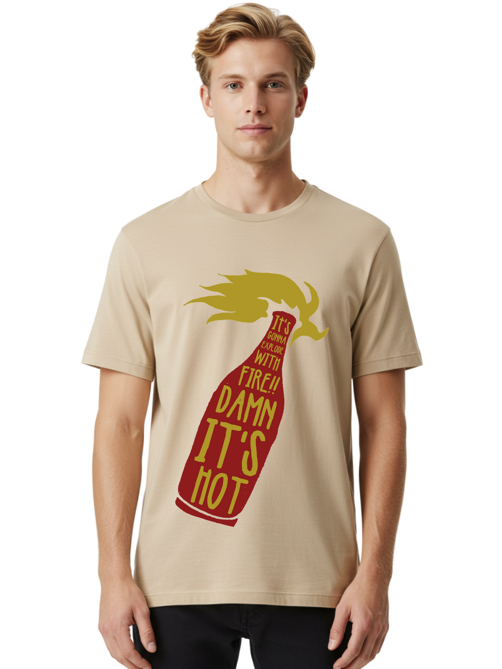 Molotov Explode Men'S Graphic Tee, 100% Cotton, Comfortable Casual Summer Wear, Machine Washable, Hot Sauce, Spicy Food, Condiment Bottle, Fire, Explosion, Bold Typography, Fiery Flavor, Culinary Art Aae506
