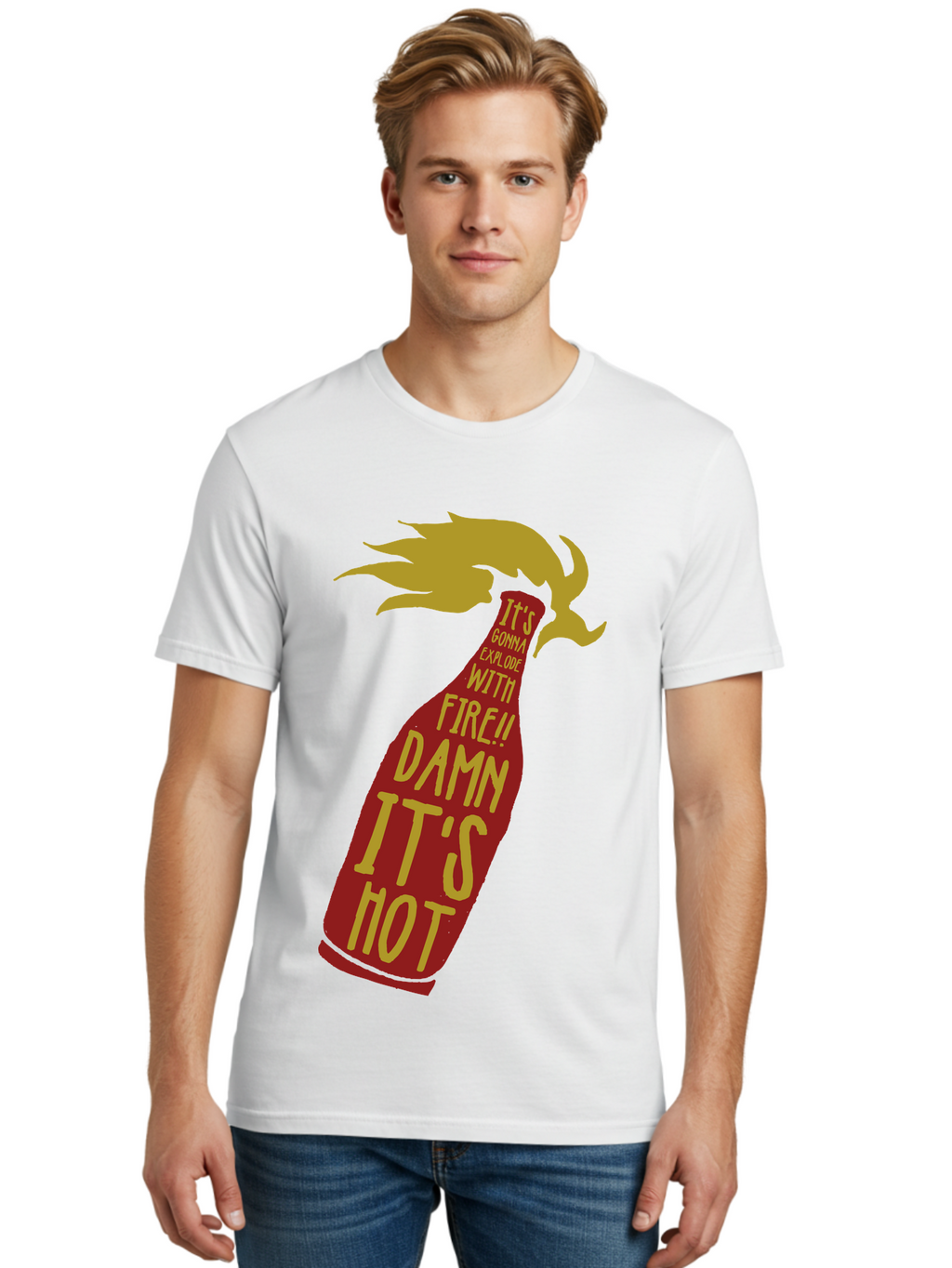 Molotov Explode Men'S Graphic Tee, 100% Cotton, Comfortable Casual Summer Wear, Machine Washable, Hot Sauce, Spicy Food, Condiment Bottle, Fire, Explosion, Bold Typography, Fiery Flavor, Culinary Art Aae506