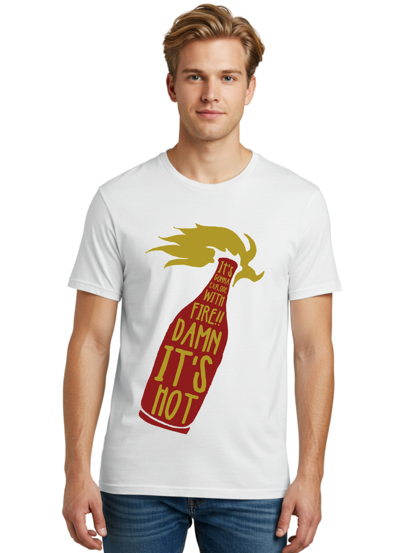 Molotov Explode Men'S Graphic Tee, 100% Cotton, Comfortable Casual Summer Wear, Machine Washable, Hot Sauce, Spicy Food, Condiment Bottle, Fire, Explosion, Bold Typography, Fiery Flavor, Culinary Art Aae506