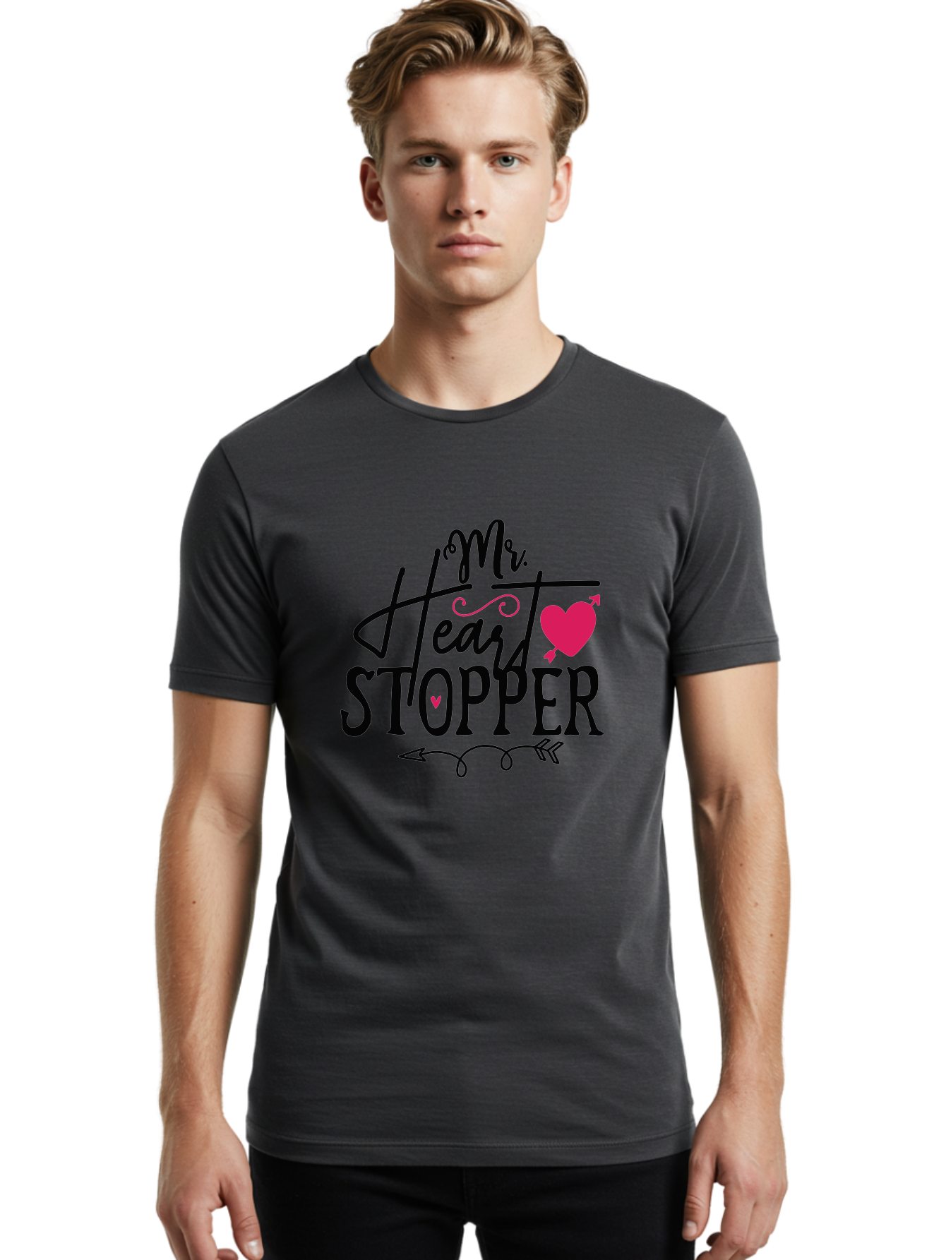 Mr. Heart Stopper Men'S Graphic Tee, 100% Cotton, Comfortable Casual Summer Wear, Machine Washable, Heartstopper, Love Quote, Heartwarming Phrase, Cute Design, Mr. Heartstopper, Arrow Symbol, Pink Heart, Romantic Gesture Aae514