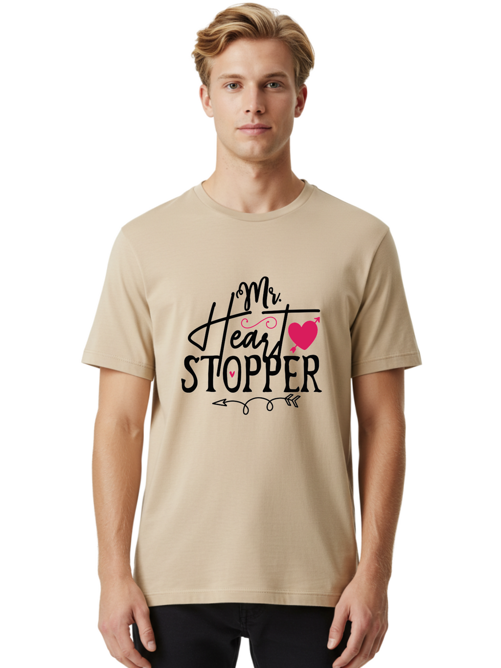 Mr. Heart Stopper Men'S Graphic Tee, 100% Cotton, Comfortable Casual Summer Wear, Machine Washable, Heartstopper, Love Quote, Heartwarming Phrase, Cute Design, Mr. Heartstopper, Arrow Symbol, Pink Heart, Romantic Gesture Aae514