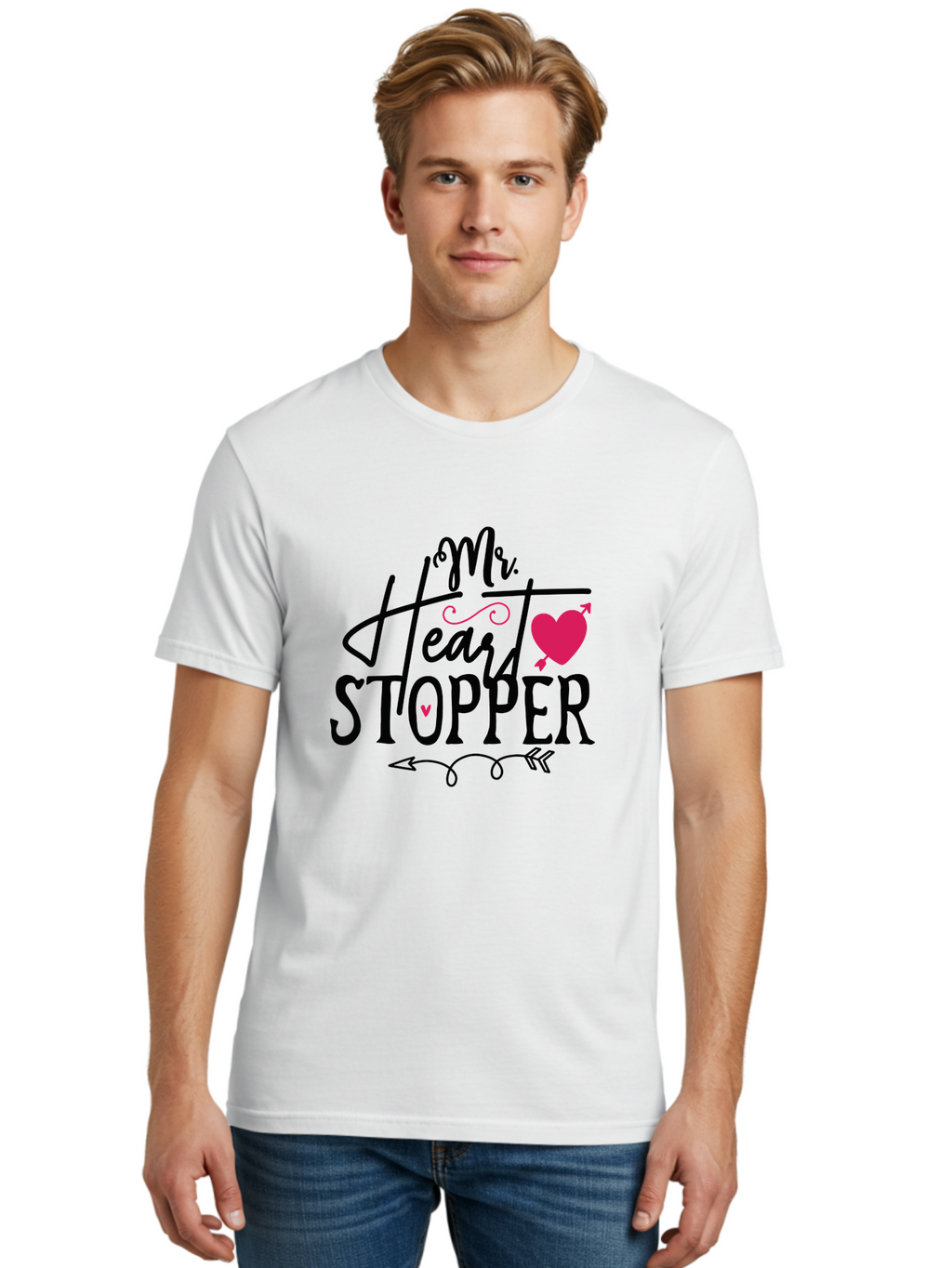 Mr. Heart Stopper Men'S Graphic Tee, 100% Cotton, Comfortable Casual Summer Wear, Machine Washable, Heartstopper, Love Quote, Heartwarming Phrase, Cute Design, Mr. Heartstopper, Arrow Symbol, Pink Heart, Romantic Gesture Aae514